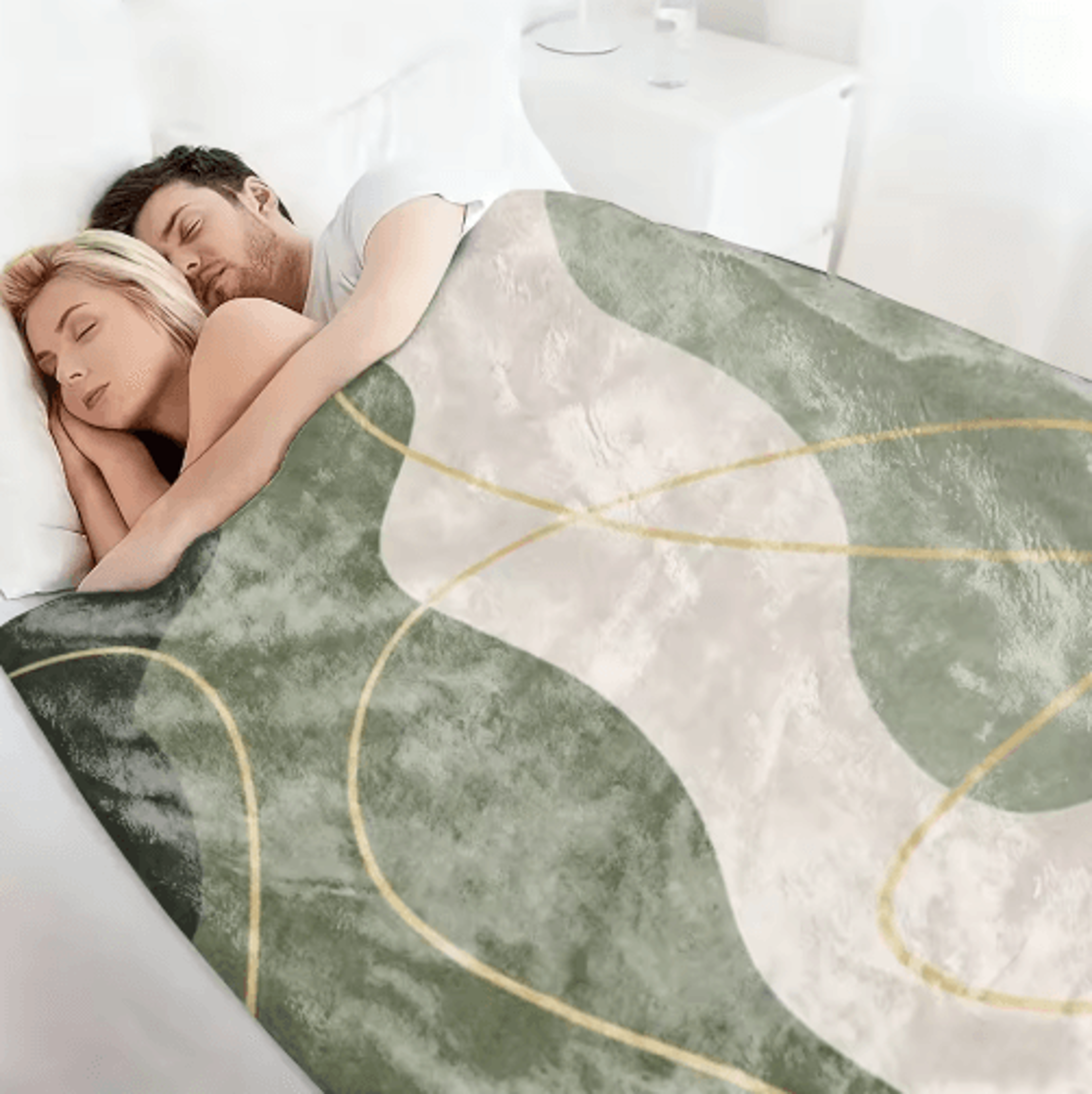 modern green & gold flannel bed blanket – abstract cozy winter comforter