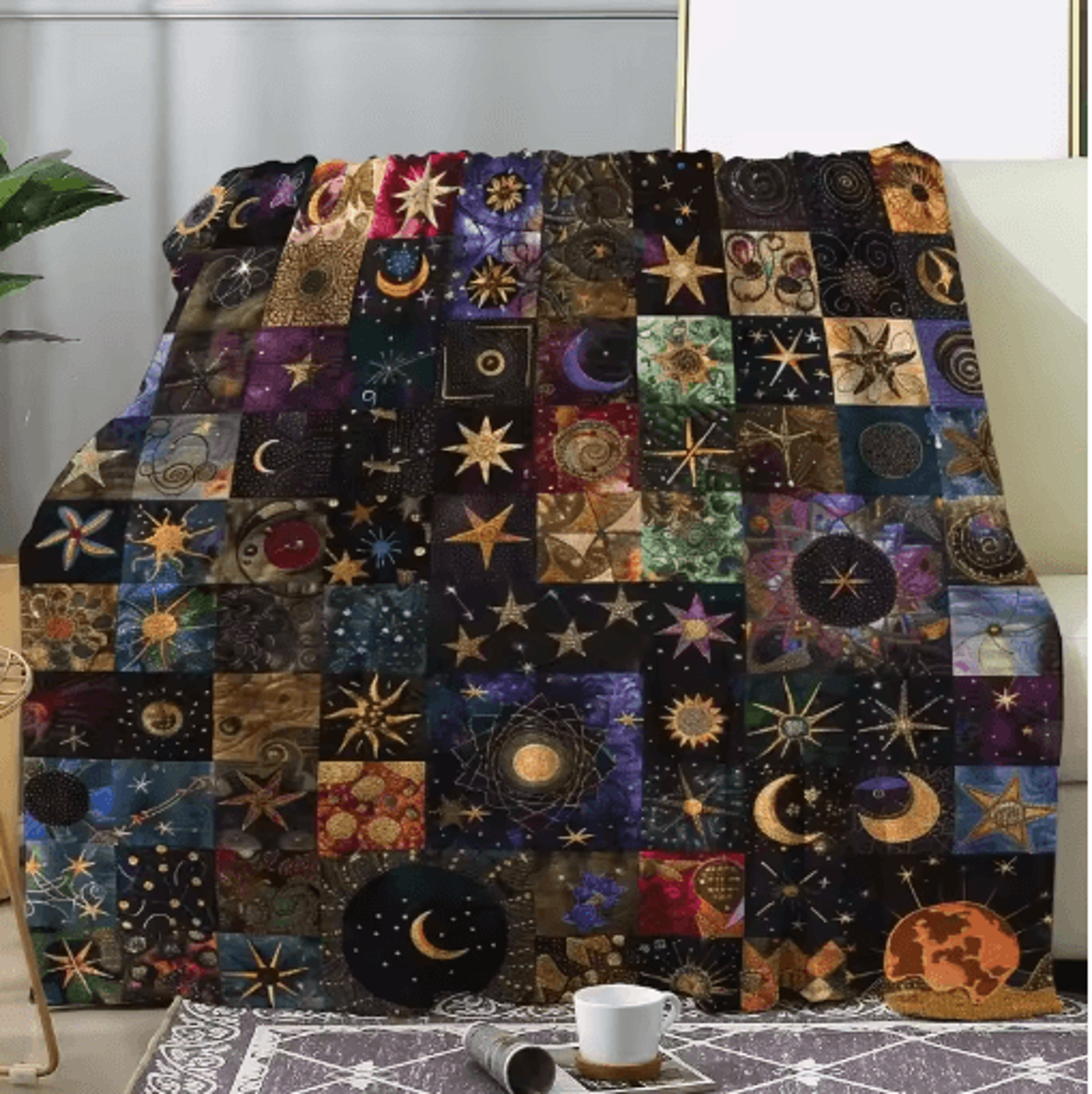 vintage star & moon flannel fleece blanket – cozy celestial sofa & bed throw