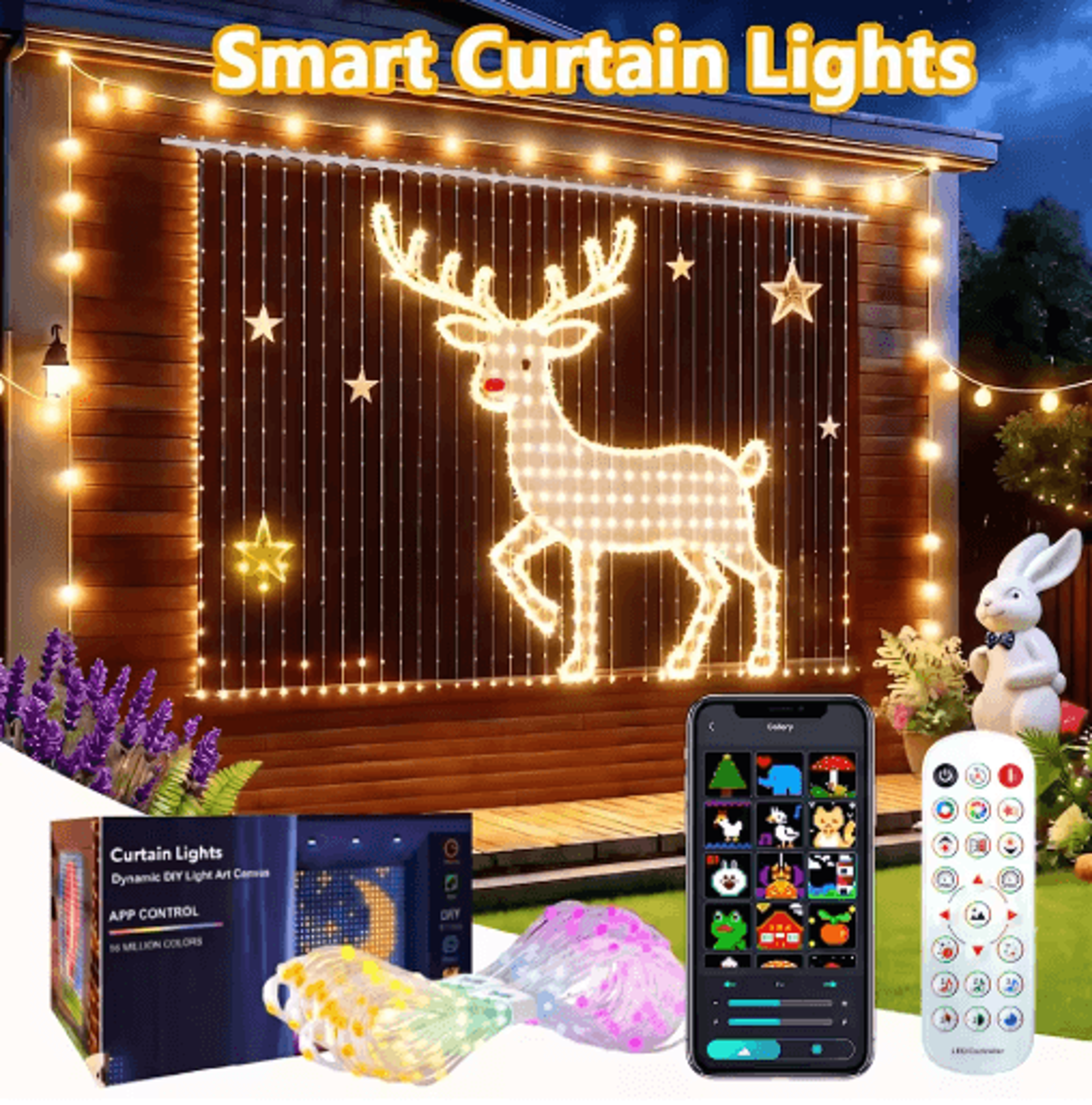 smart curtain string lights – waterproof diy pattern & music sync backdrop