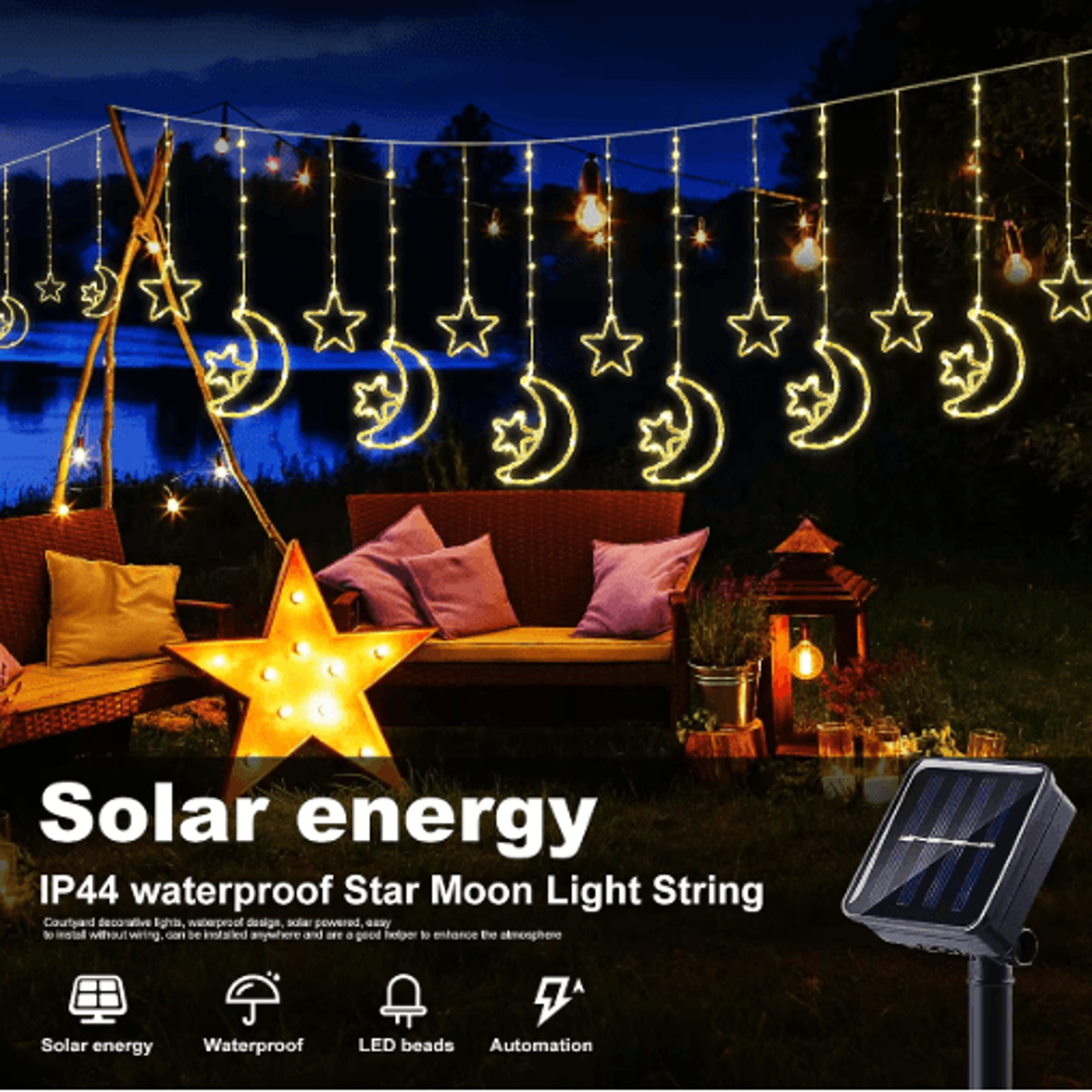 solar moon & star curtain lights – waterproof 8-mode ramadan hanging lights