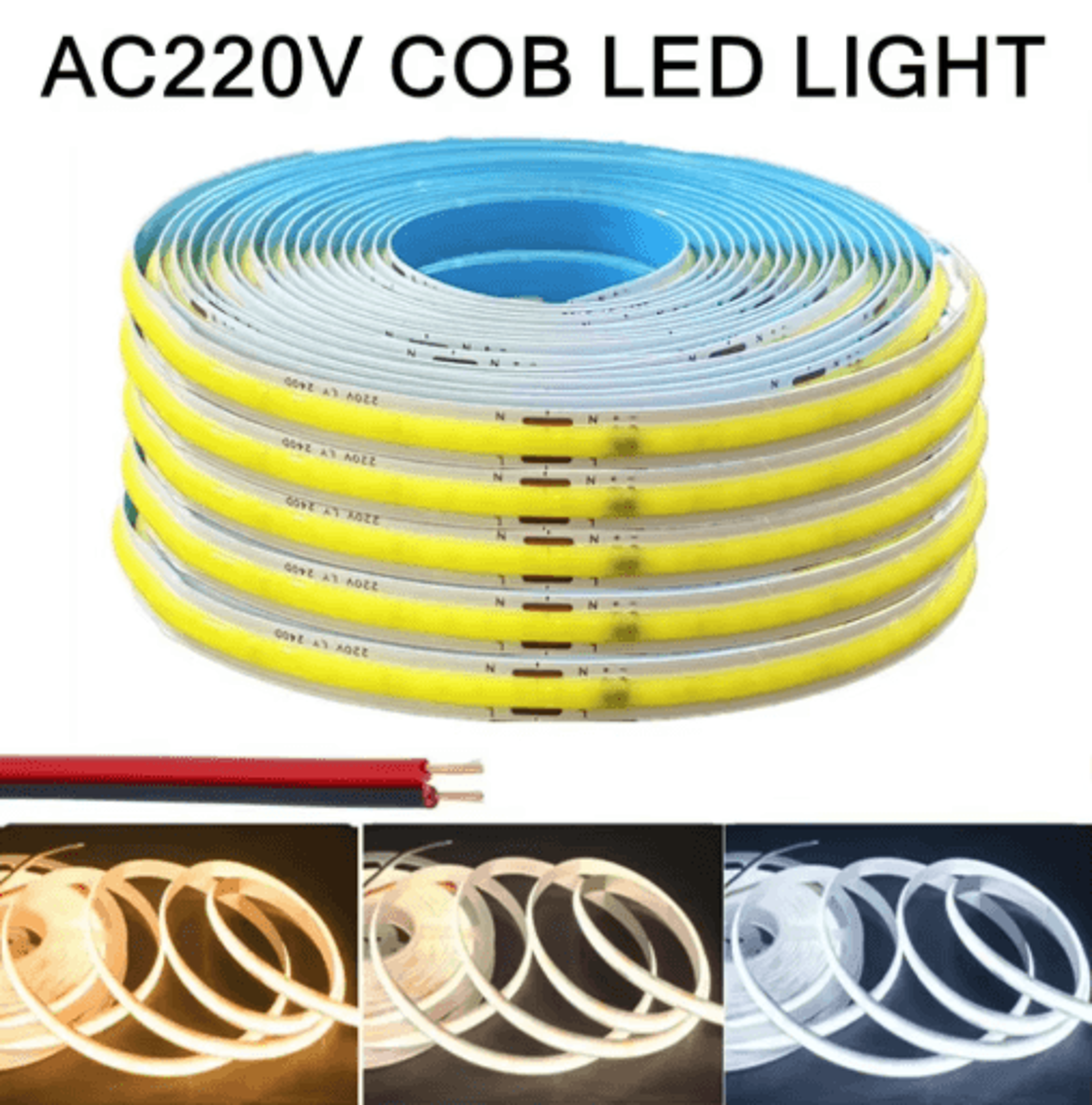 1–5m 220v cob led strip light – high-brightness ra95 warm white tape