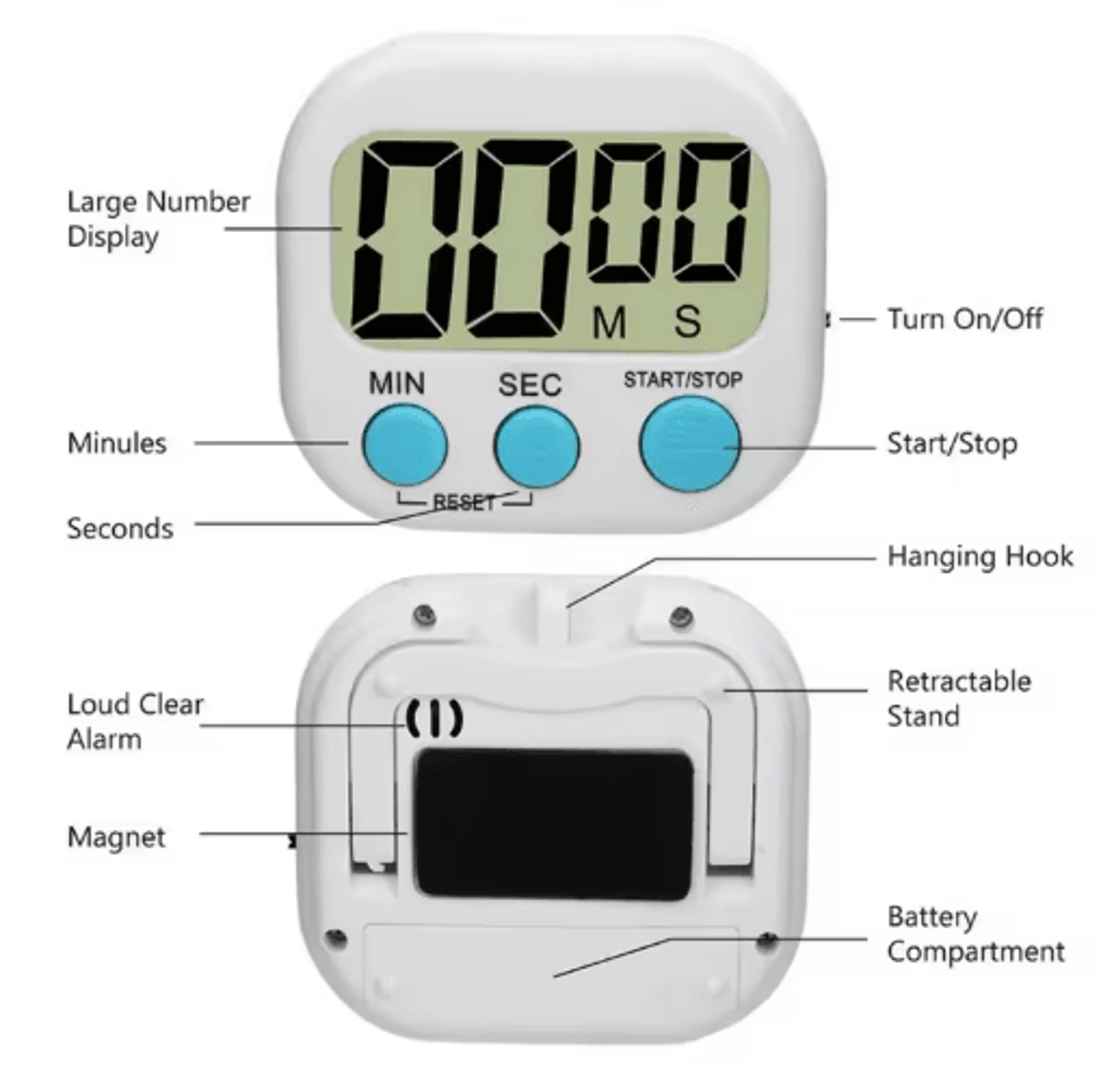 99-minute digital kitchen timer – magnetic countdown alarm with stand