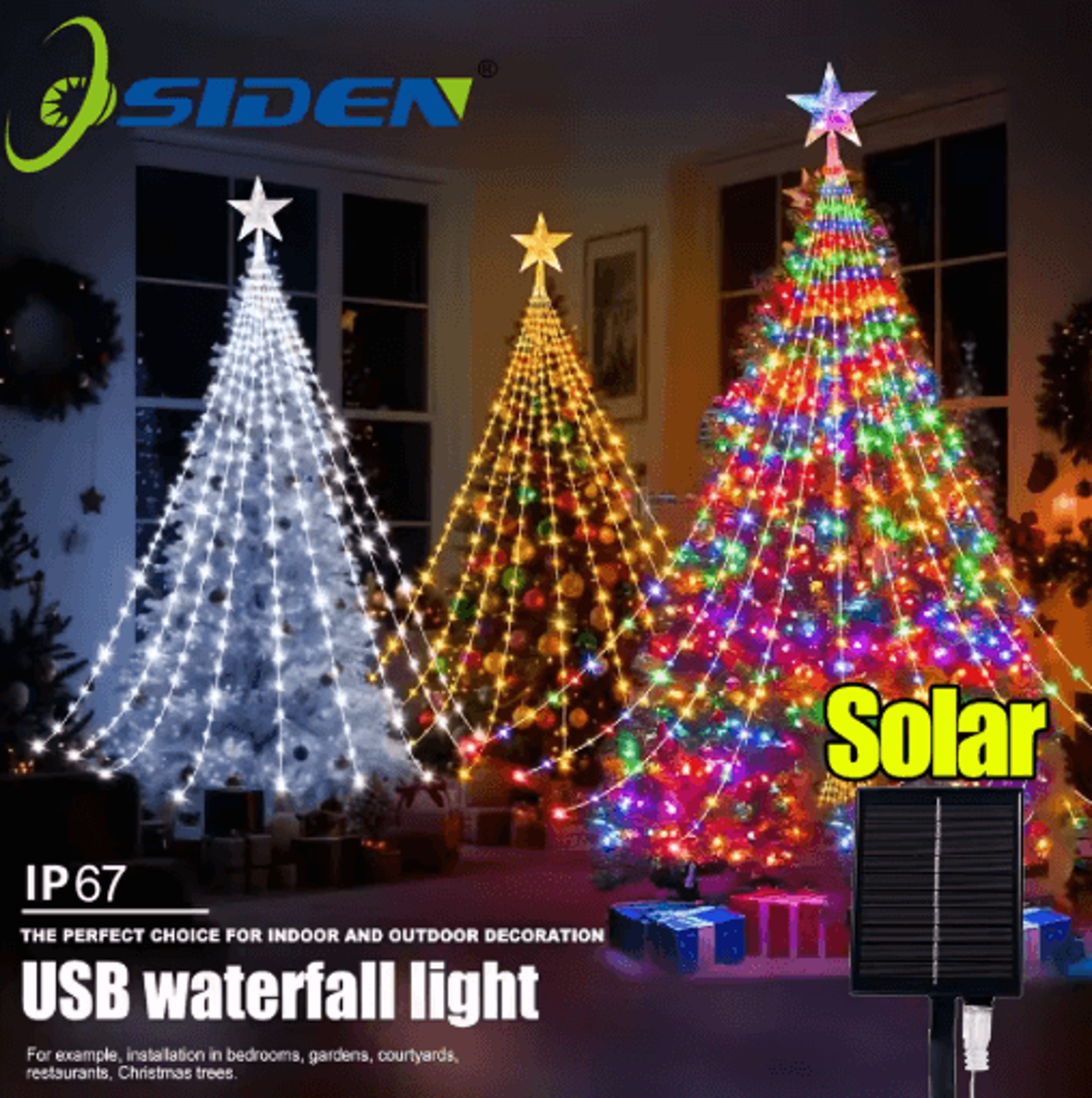 five-pointed star waterfall lights – usb/solar christmas string lights