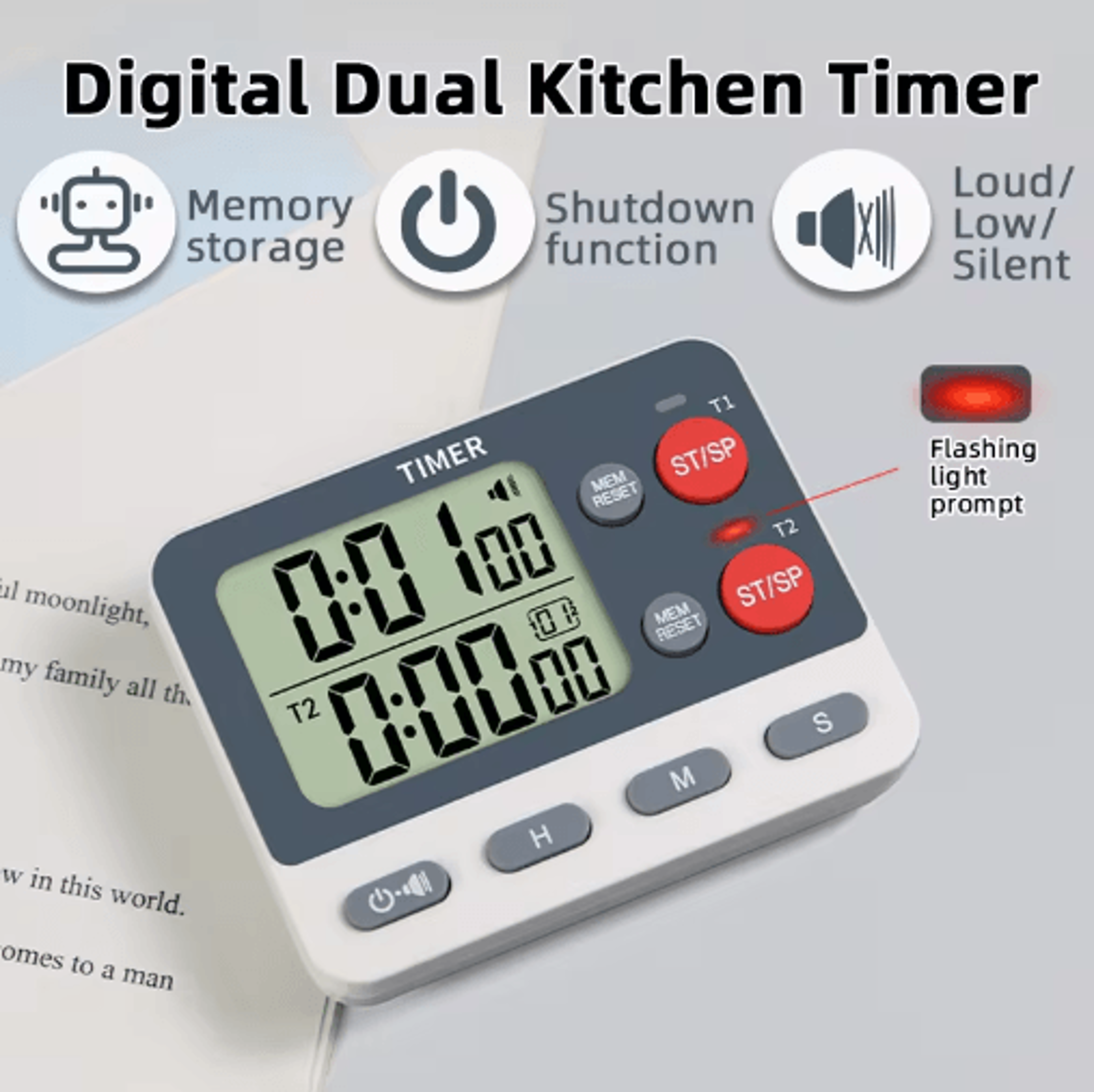 dual digital kitchen timer – 2-group countdown & stopwatch with memory presets
