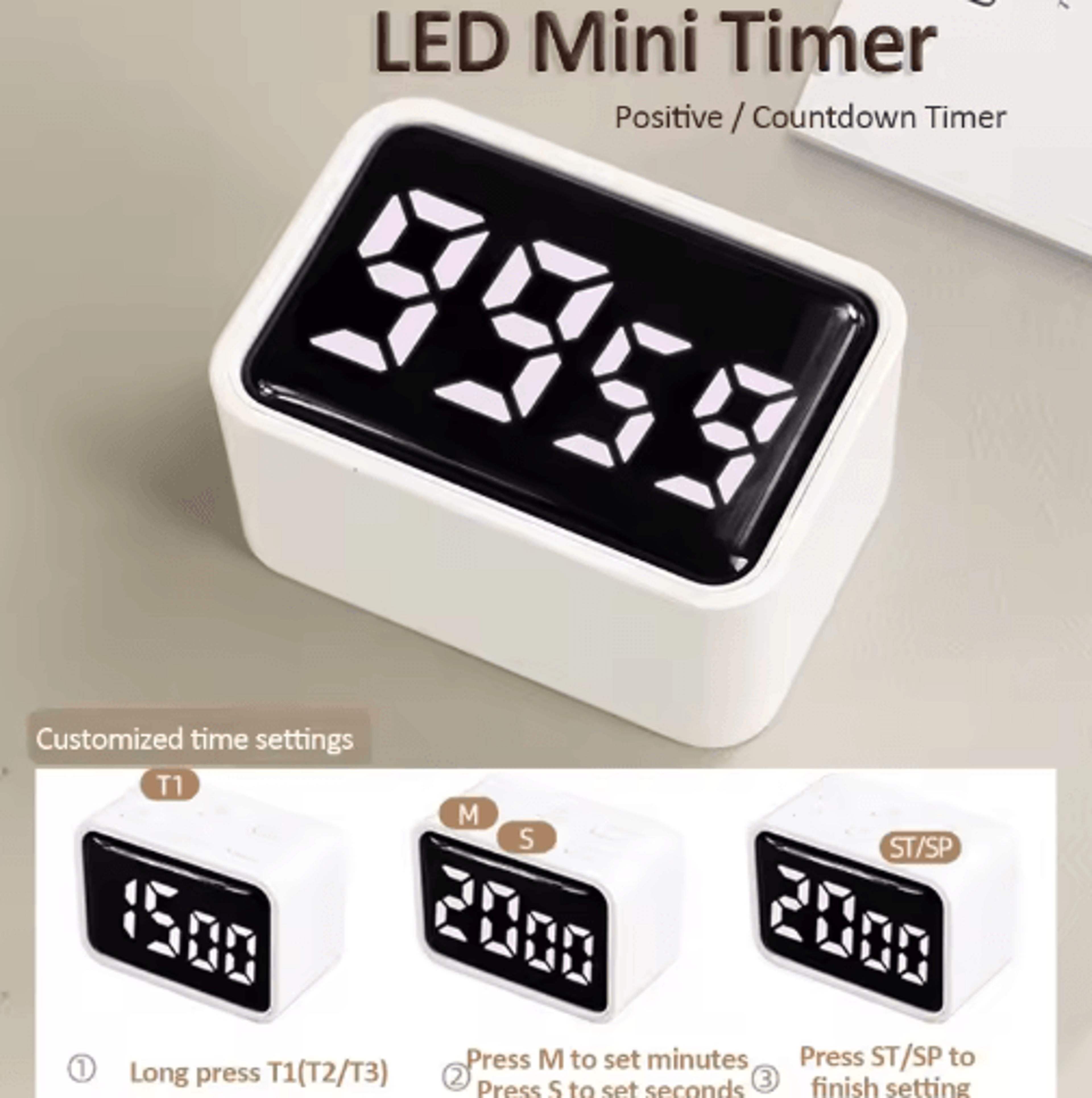 mini led visual timer – 3-preset count up & countdown alarm