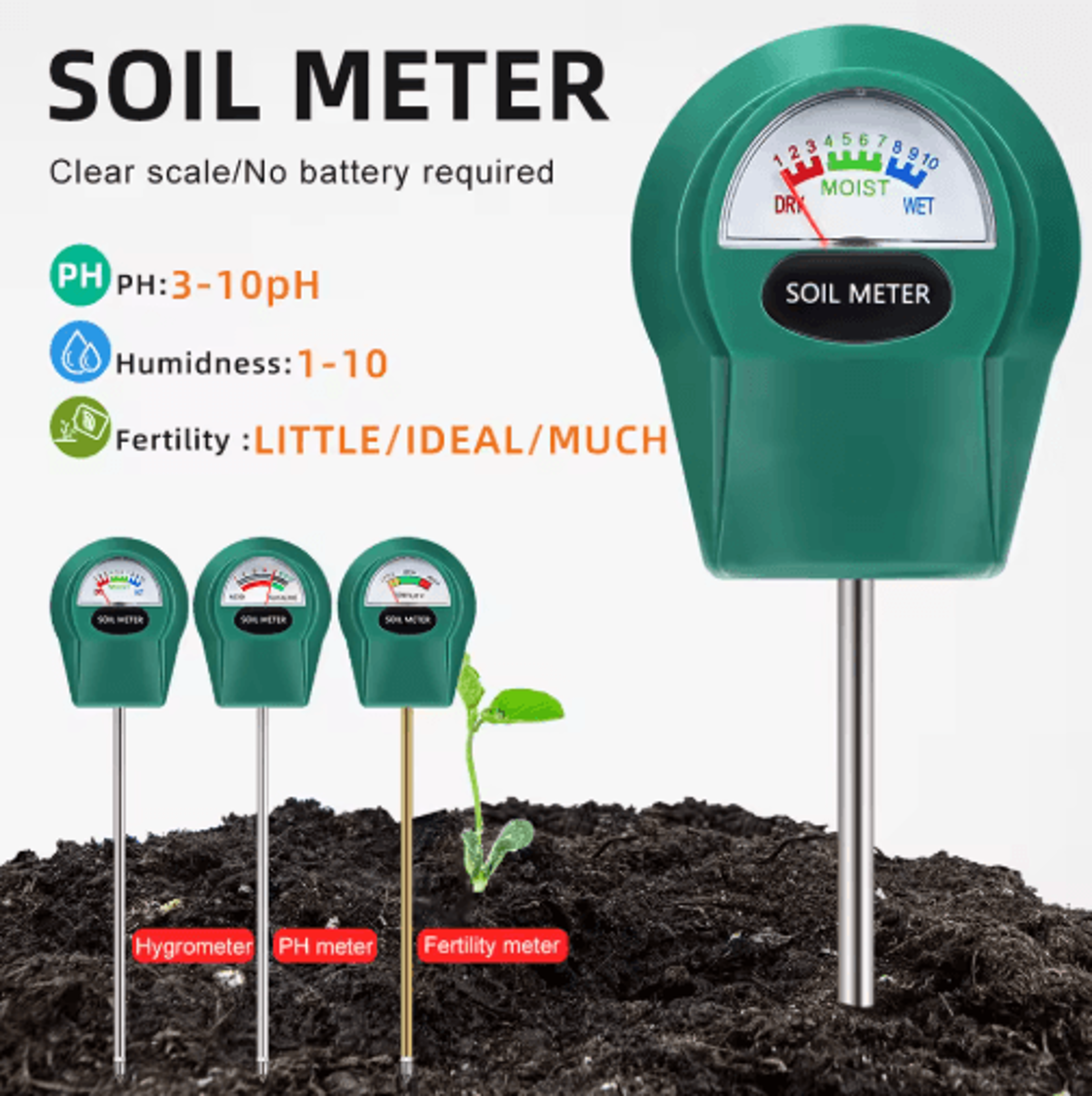 3-in-1 soil tester – moisture, ph & fertility meter for plants