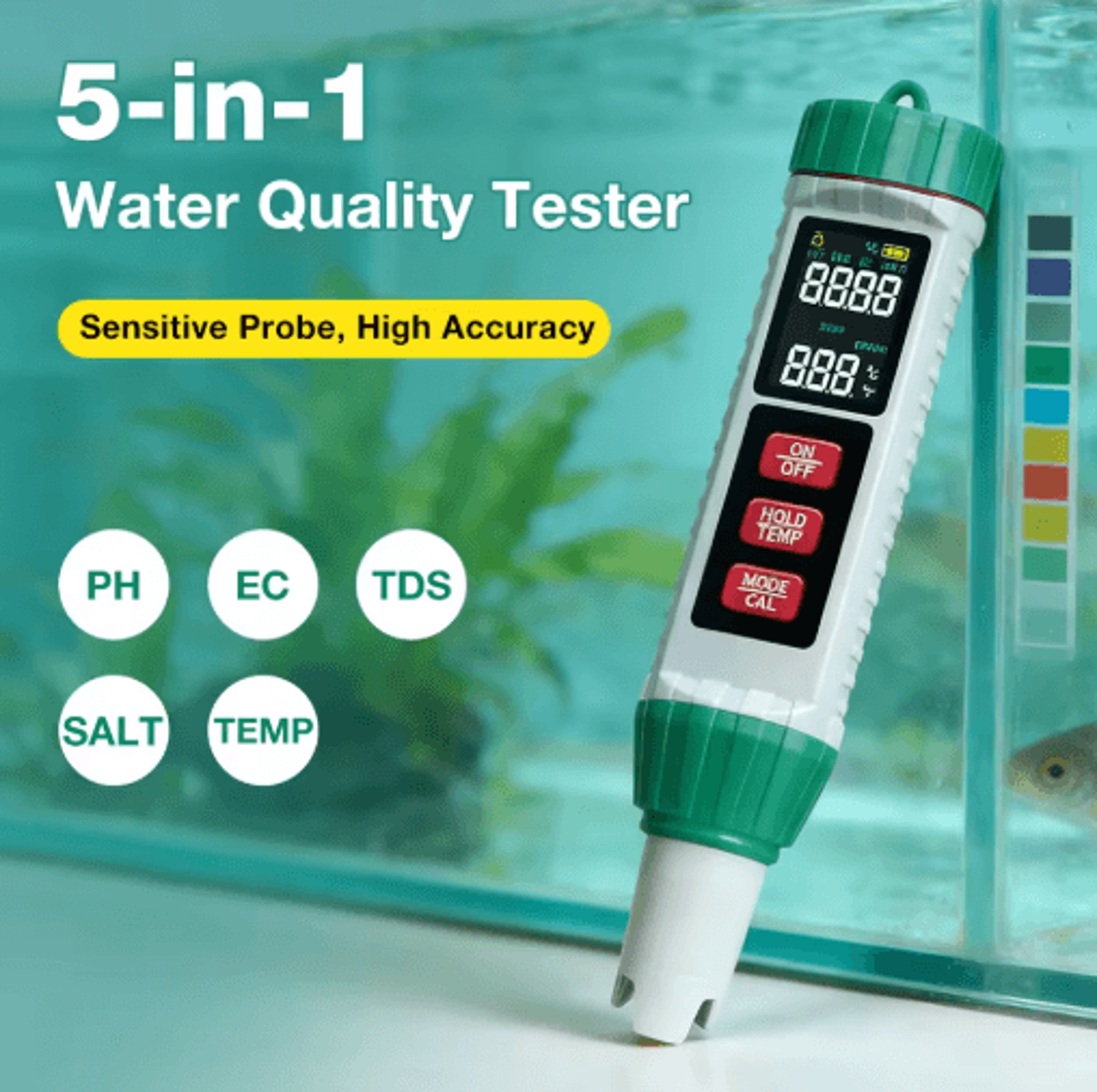 5-in-1 digital water quality tester – ph, tds, ec, salt & temperature meter