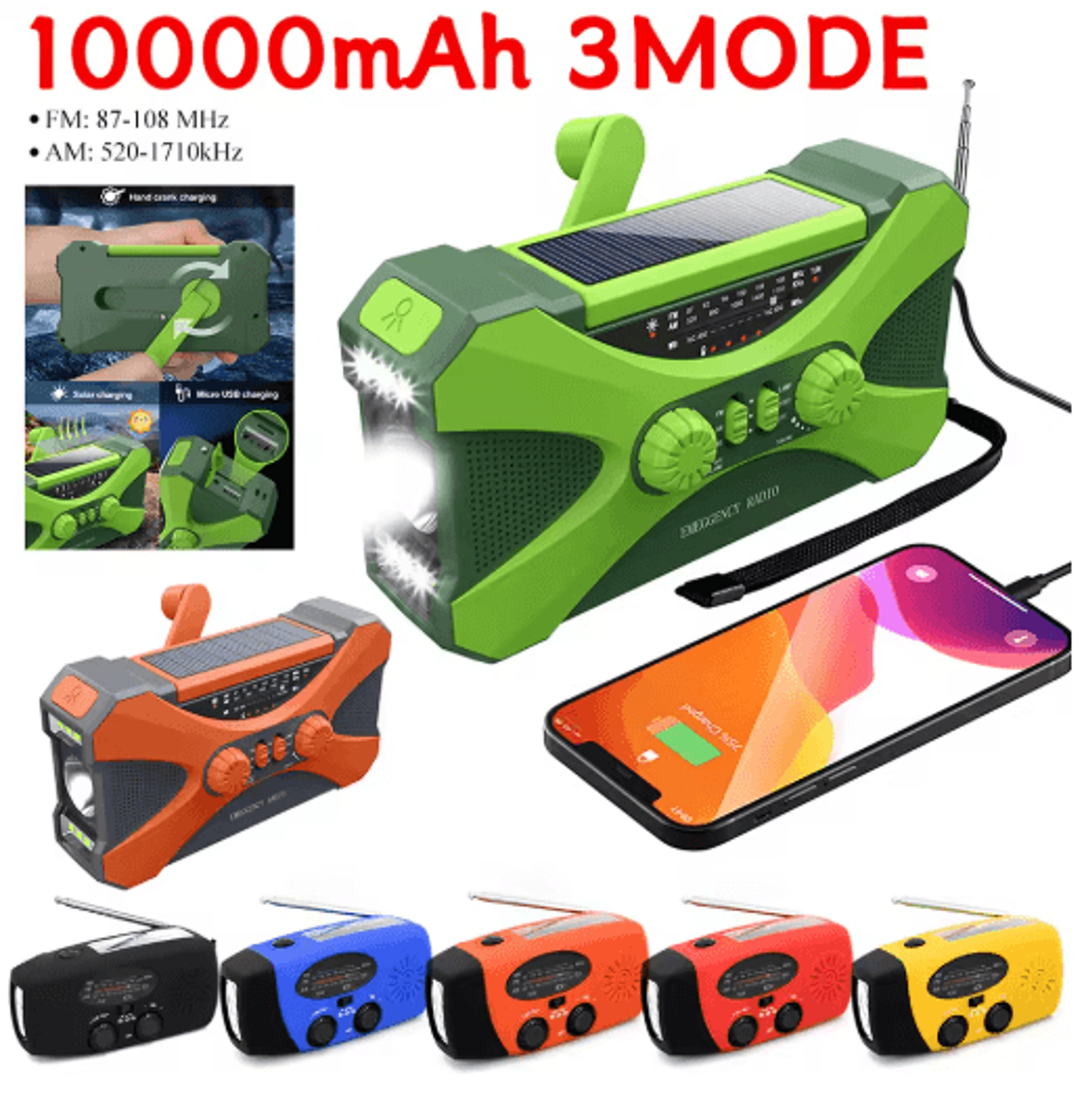 portable emergency weather radio – hand crank, solar & usb charging with led flashlight