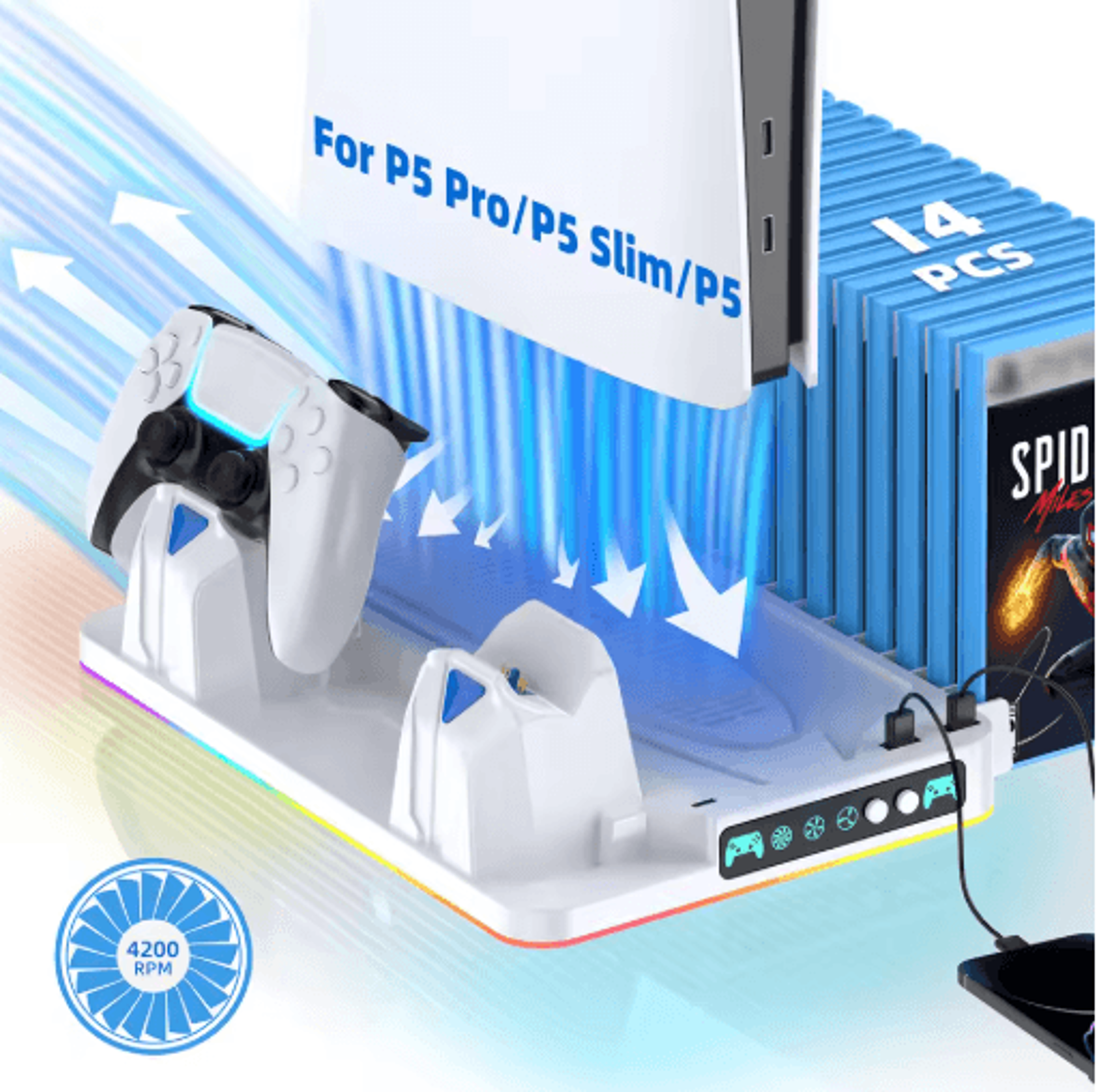 ps5 cooling & charging stand – dual controller dock with rgb & game storage