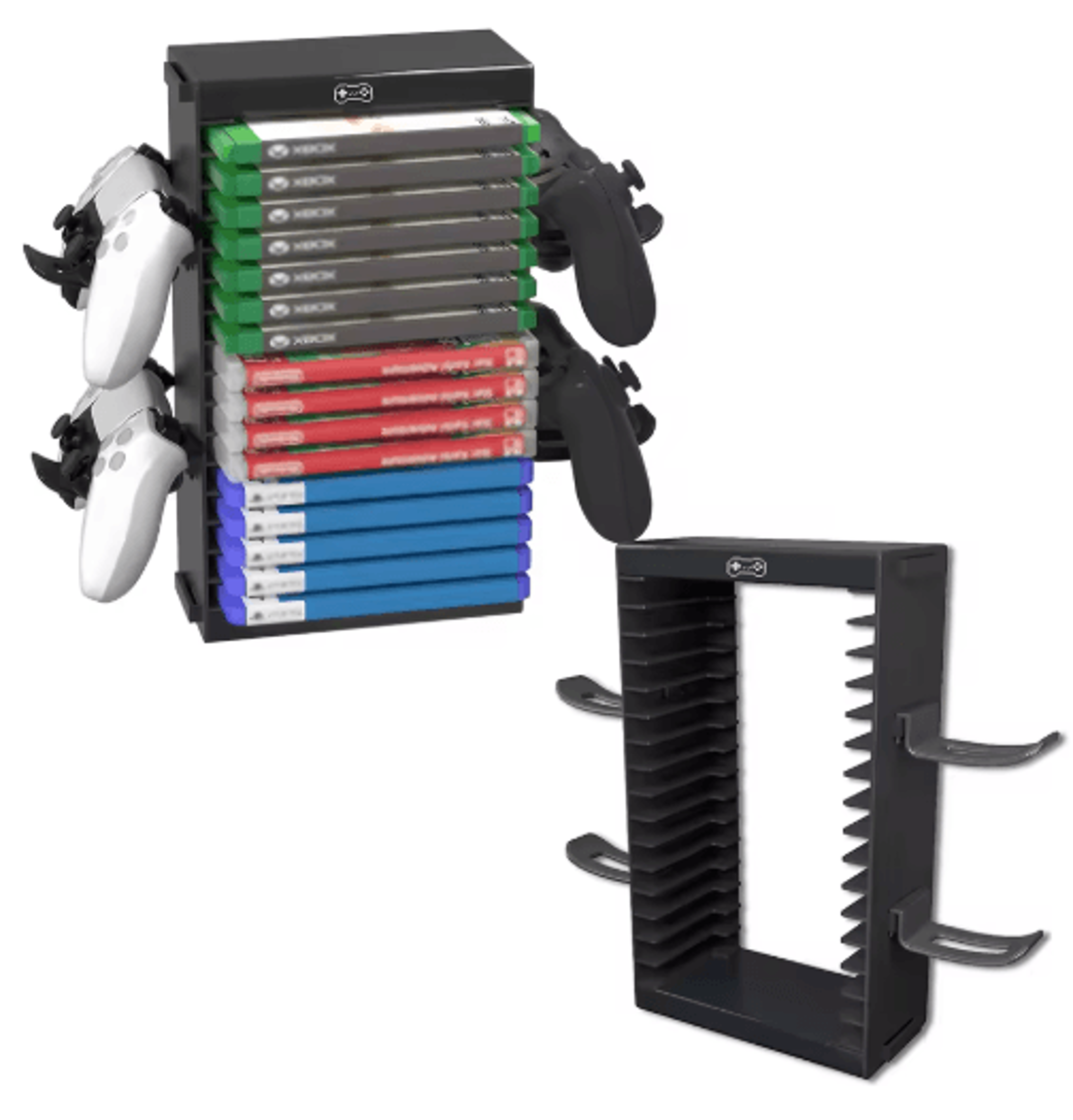 video game storage tower – game organizer with 4 controller hooks