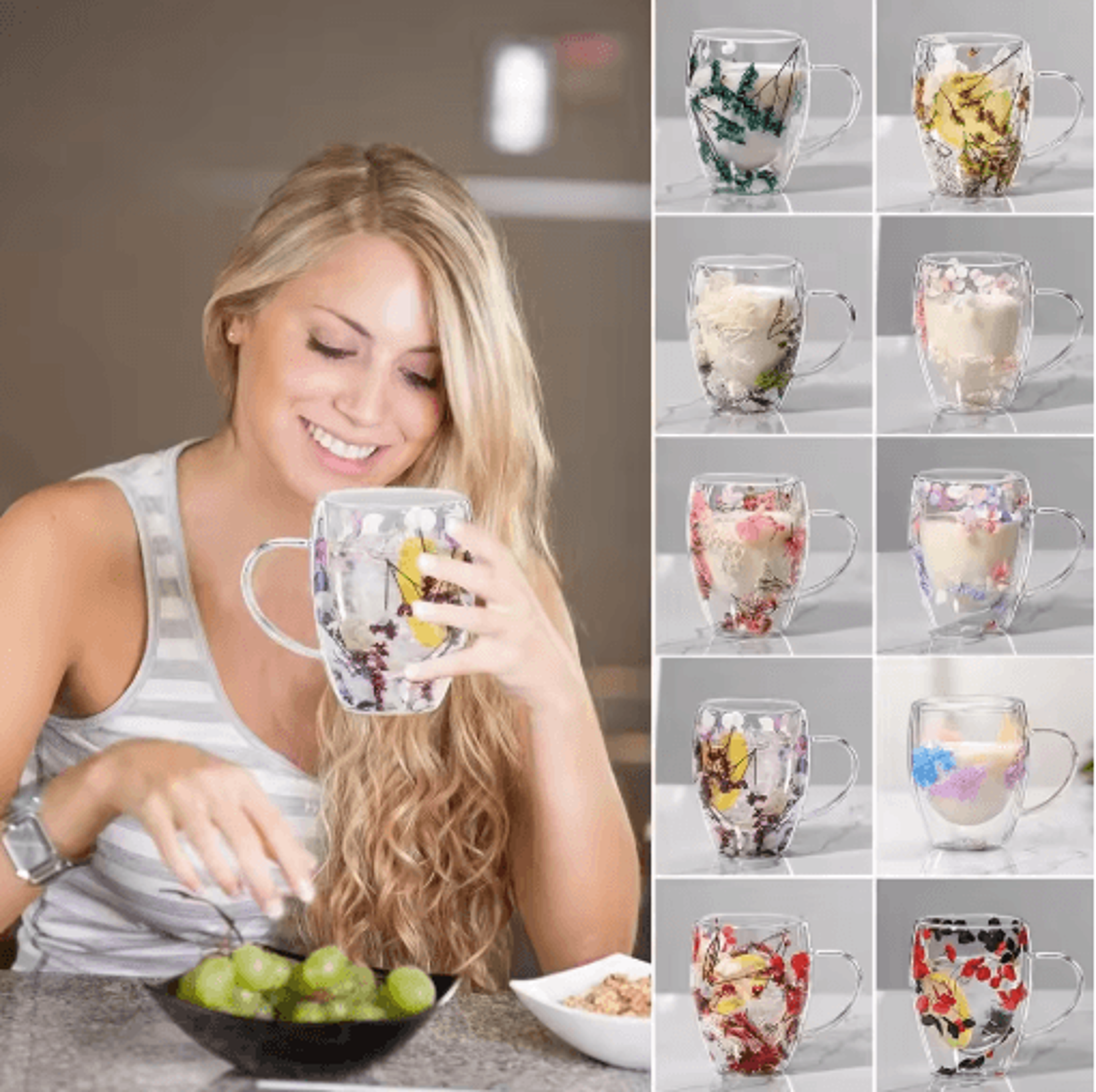 350ml dried flower glass mug – double-wall coffee cup with handle