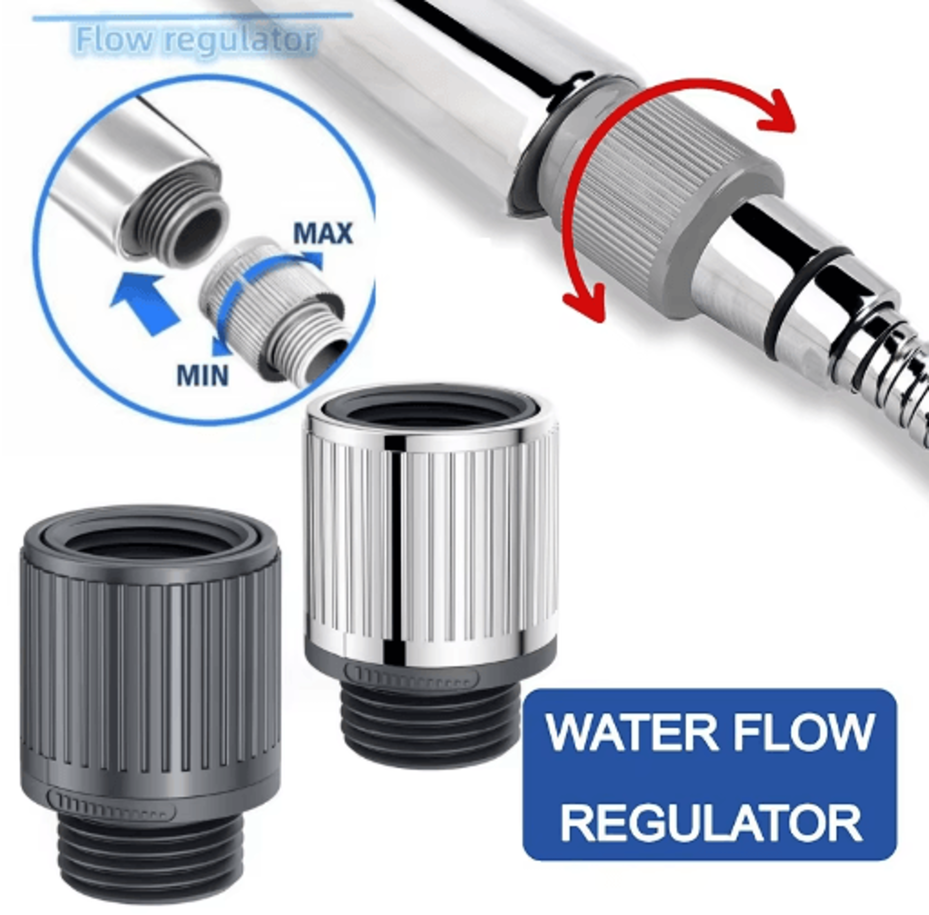 abs shower water flow regulator – shut-off switch & flow control valve