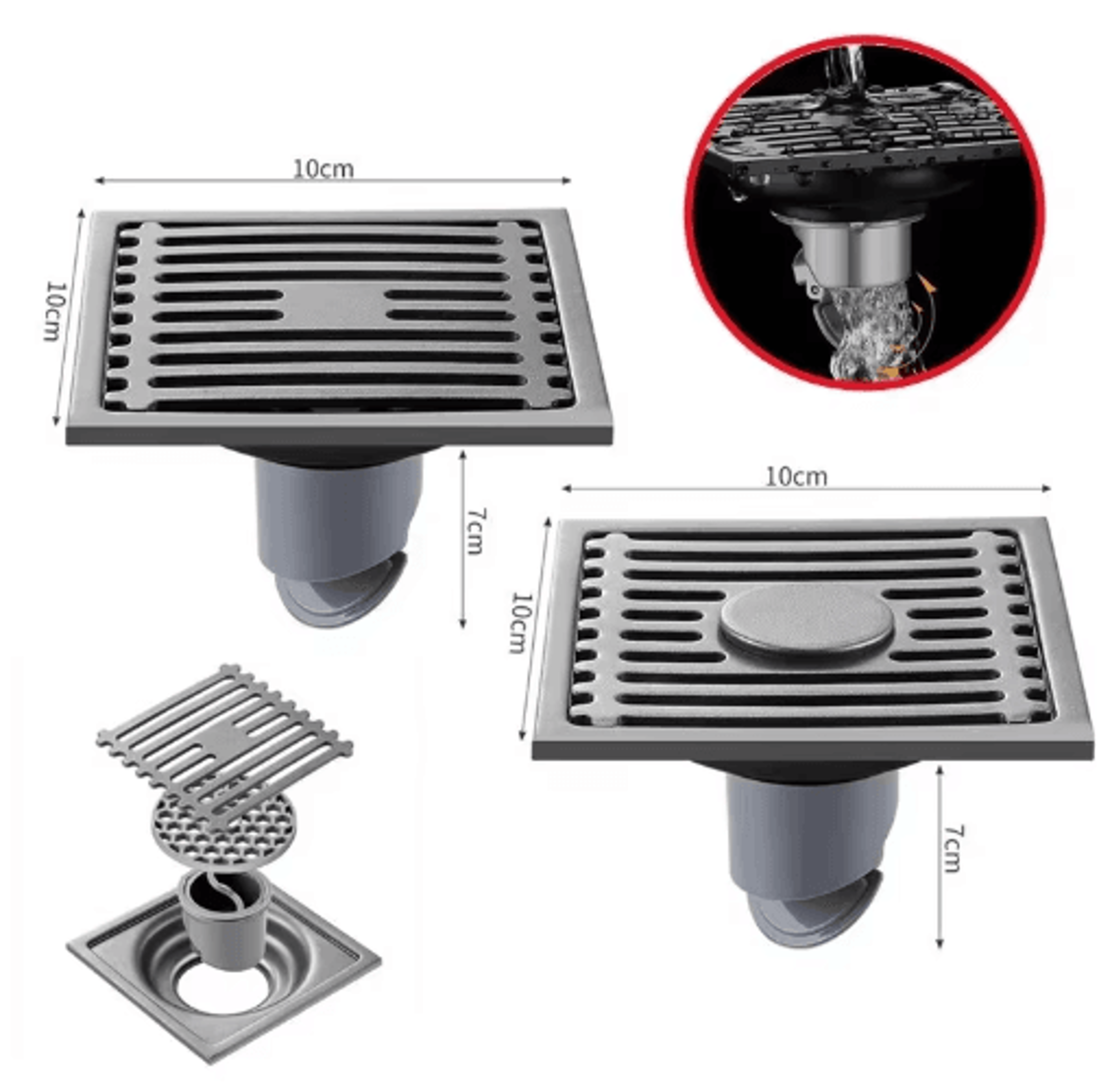 10cm stainless steel square floor drain – removable anti-odor shower drain