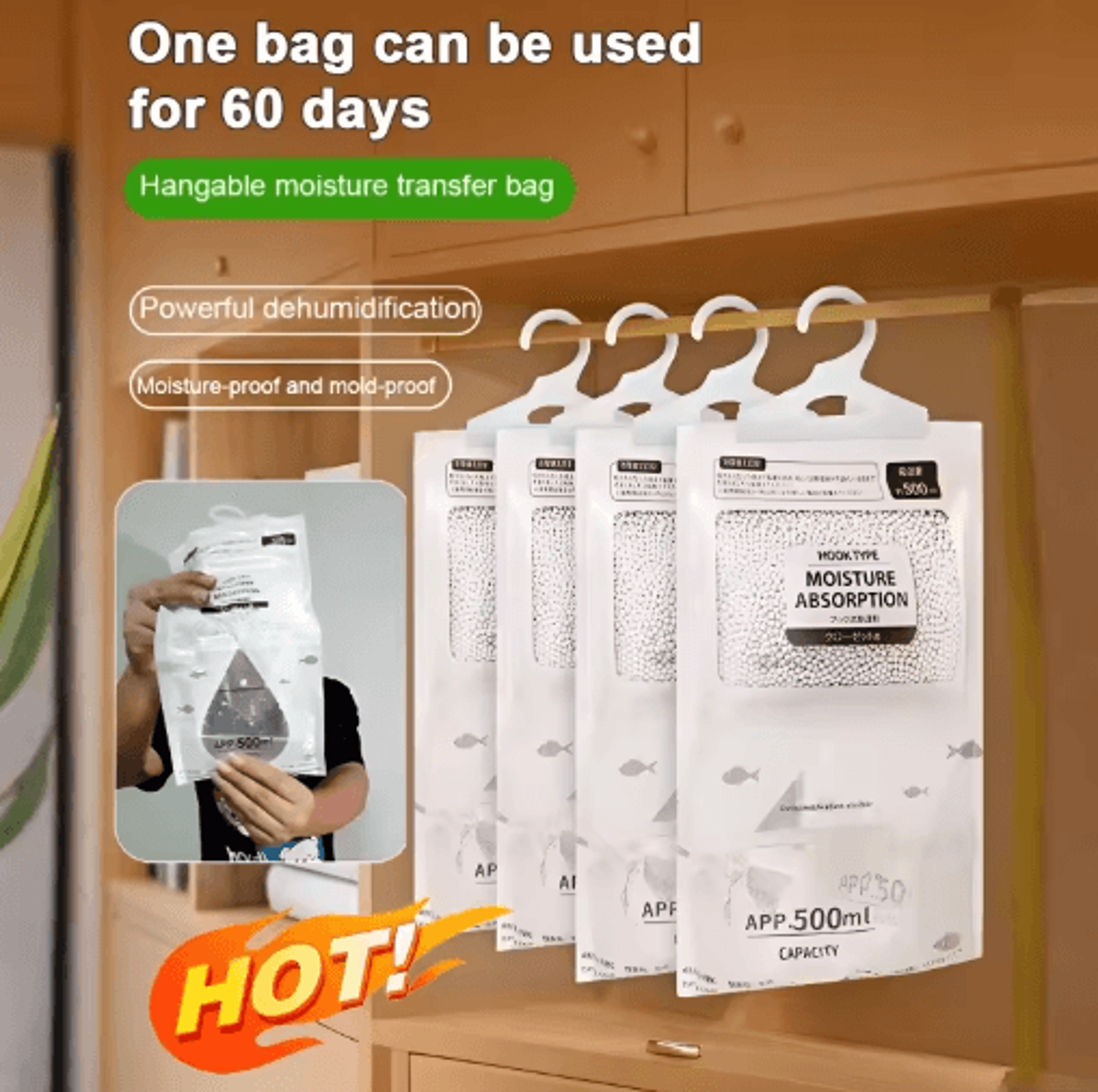 hanging dehumidifier bag – moisture absorber for closets & bathrooms