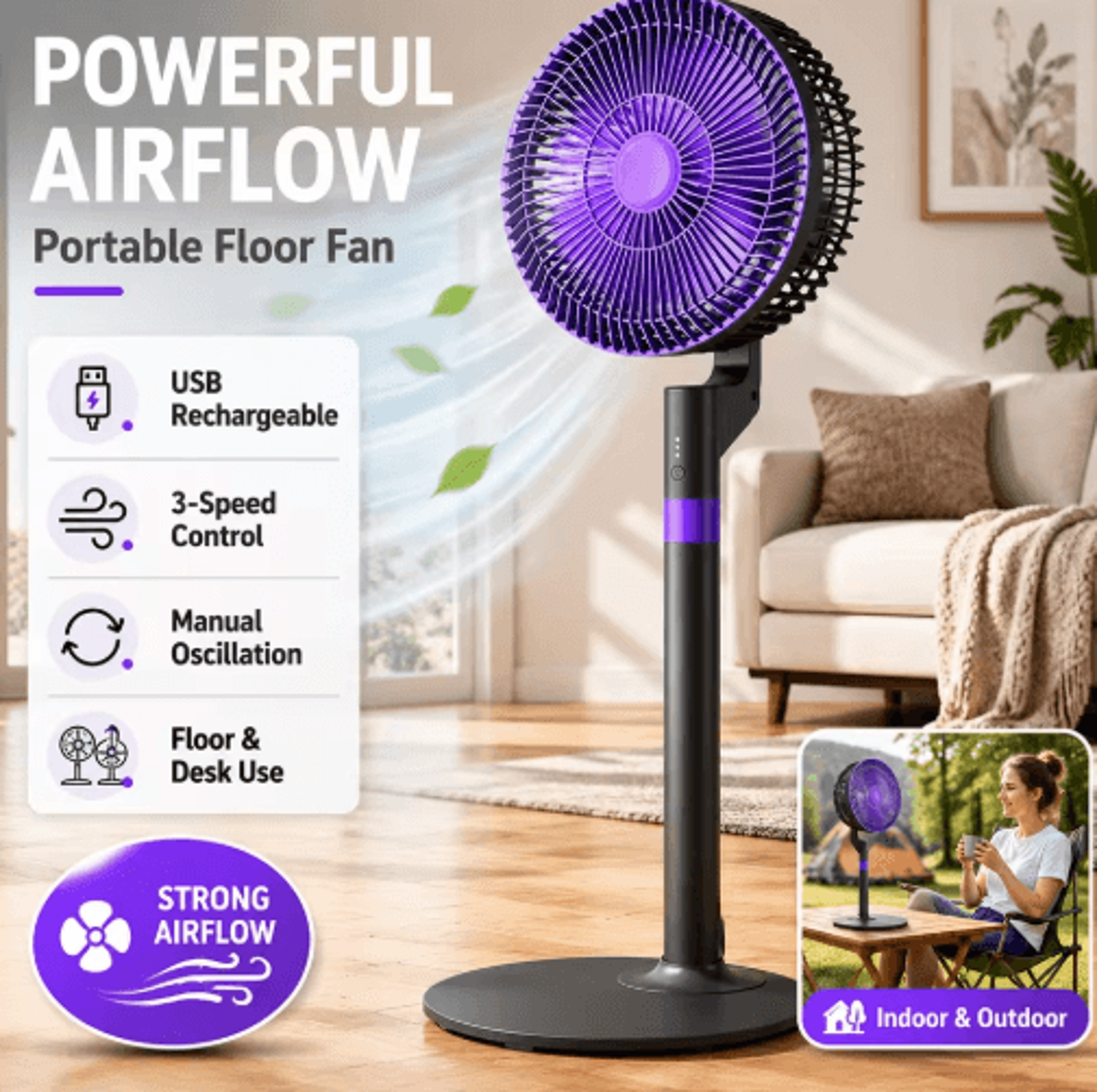 portable air circulation fan with quiet high-power cooling