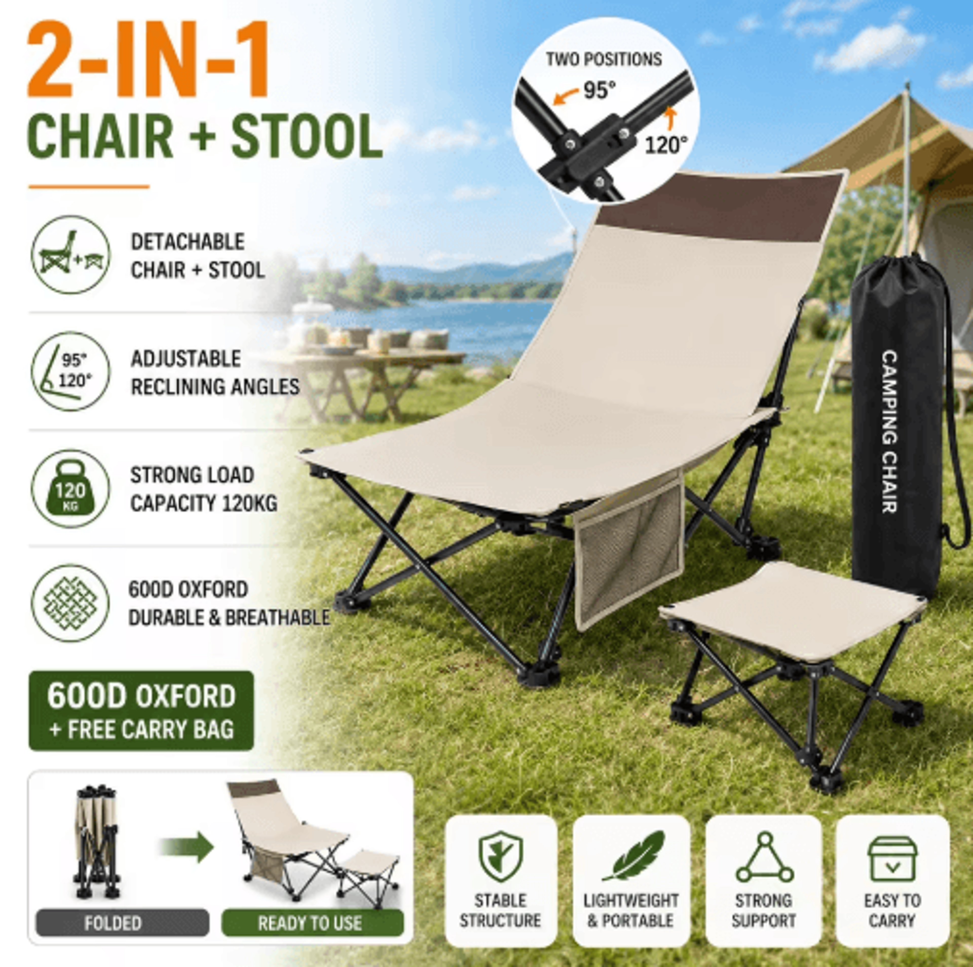 portable folding camping lounge chair with adjustable backrest