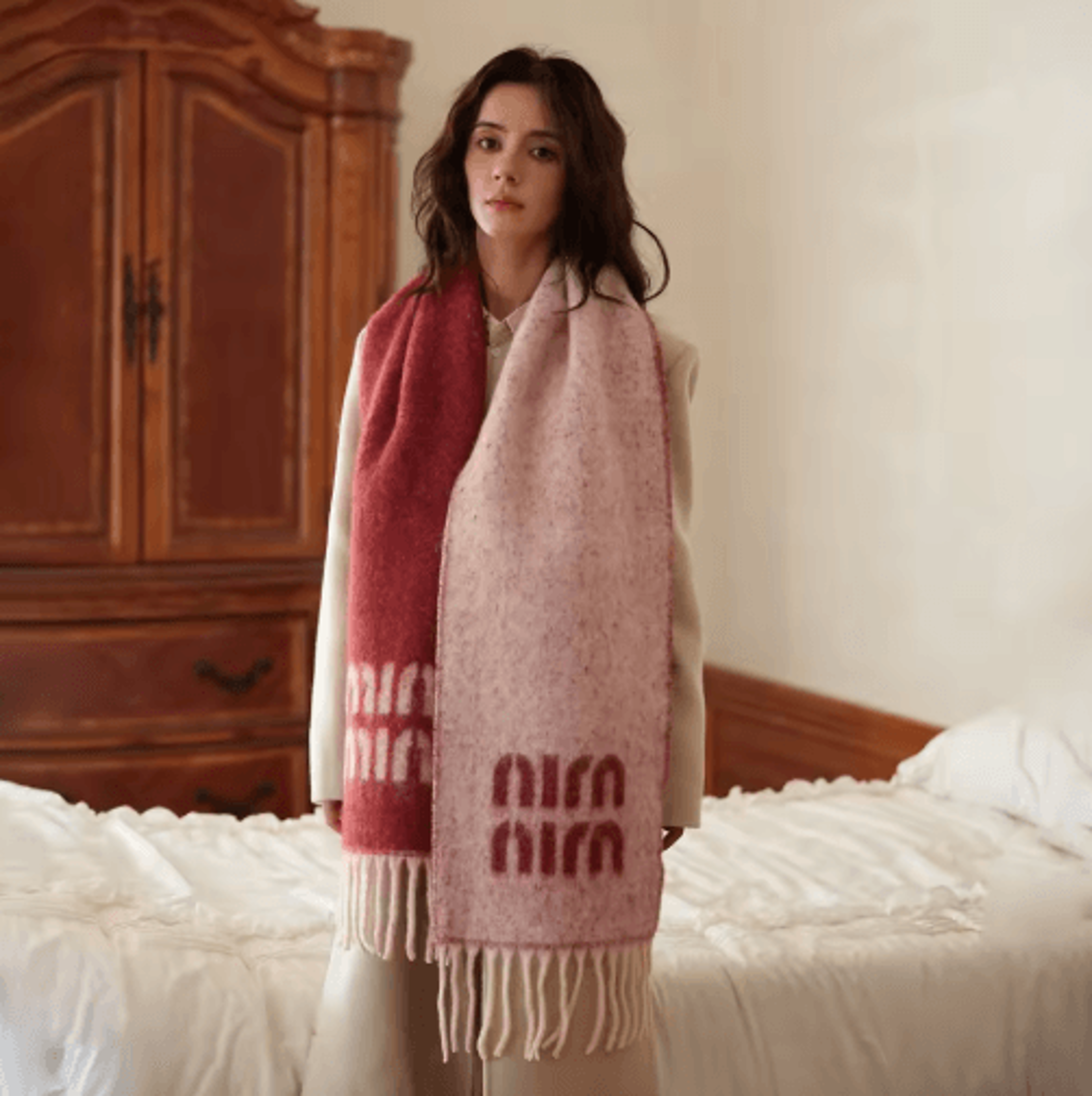 two-tone wool blend scarf – thick jacquard knit winter shawl