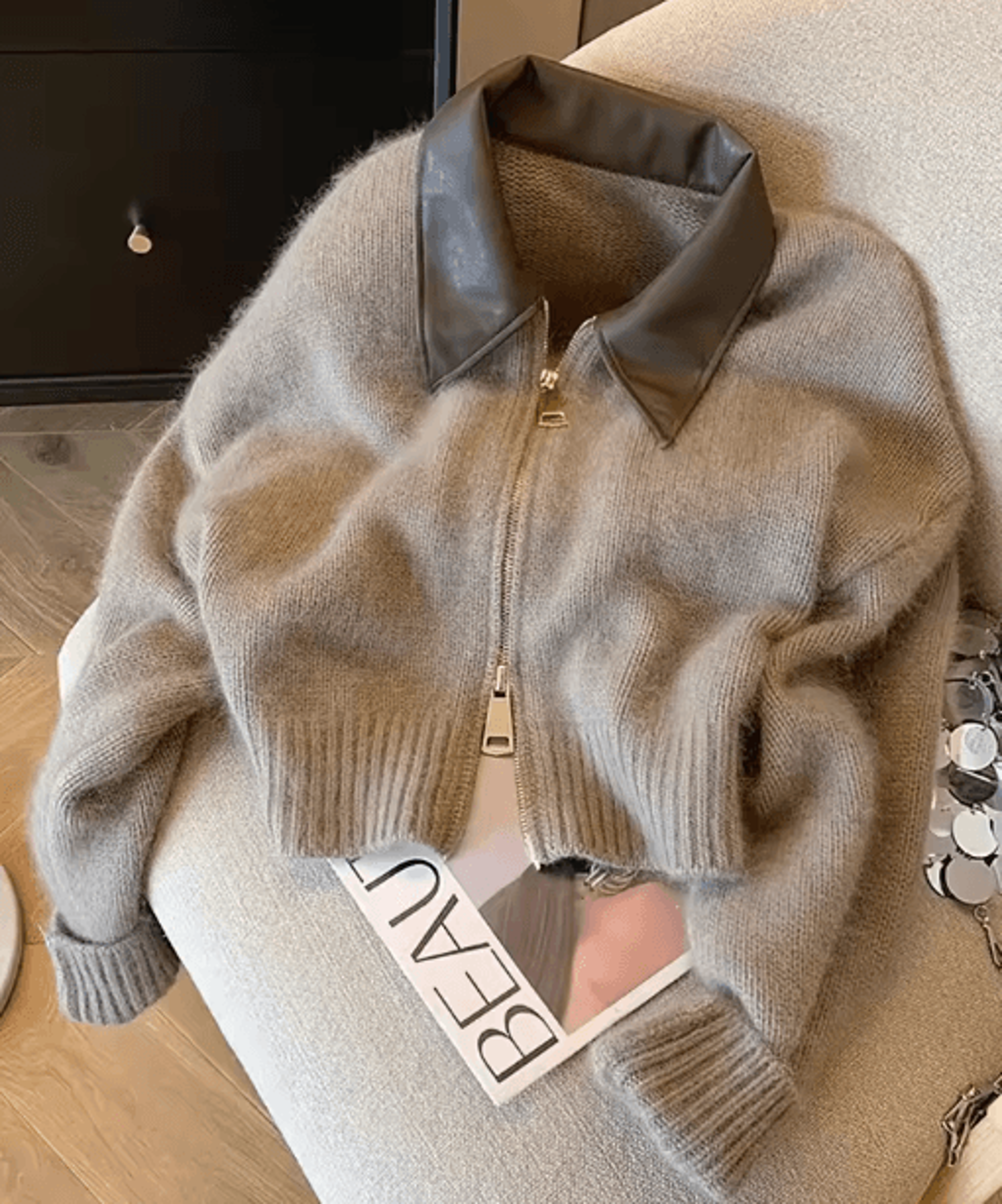 womens patchwork zip-up cropped cardigan – vintage y2k knit sweater jacket