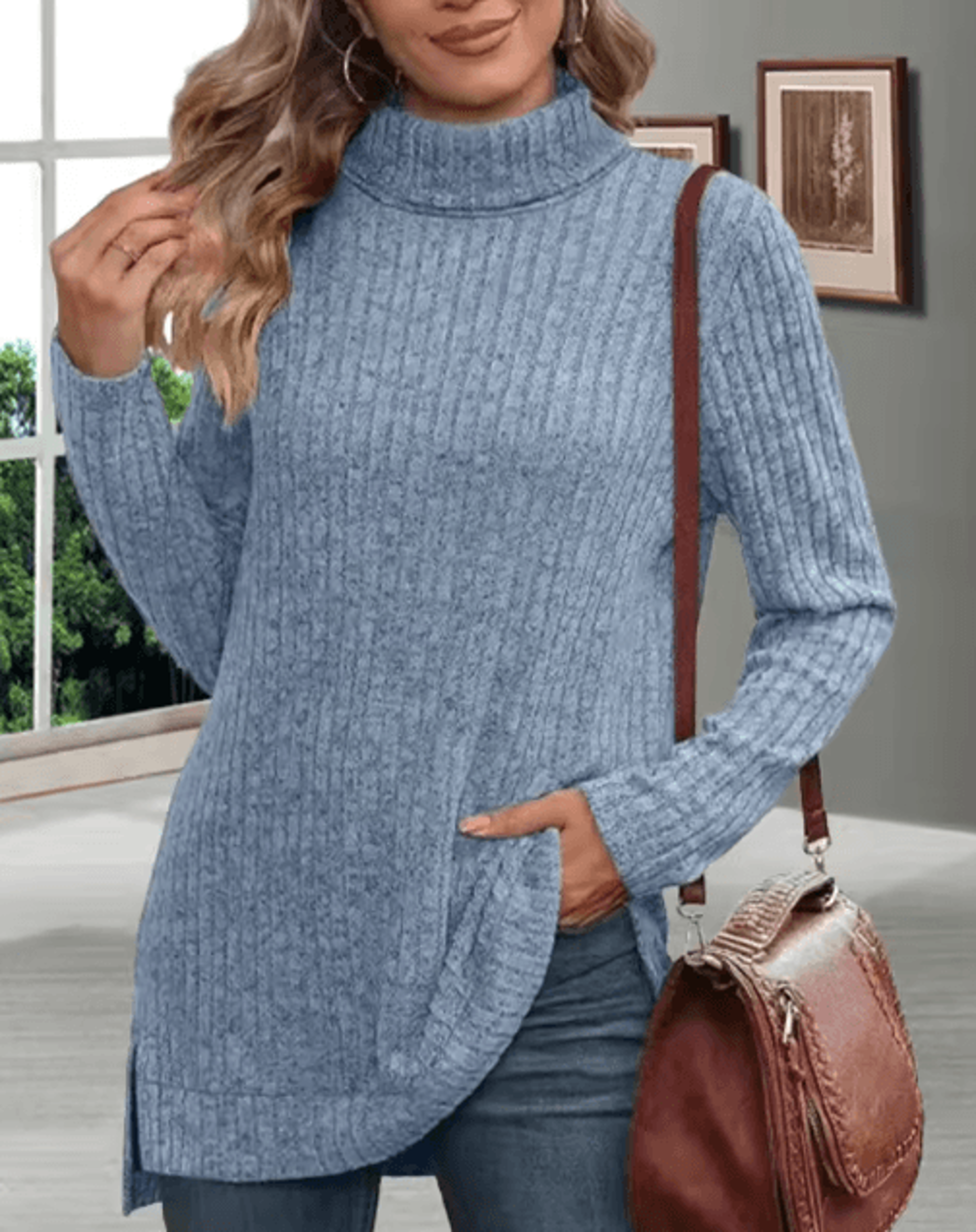 womens thick striped turtleneck sweater – warm loose knit pullover