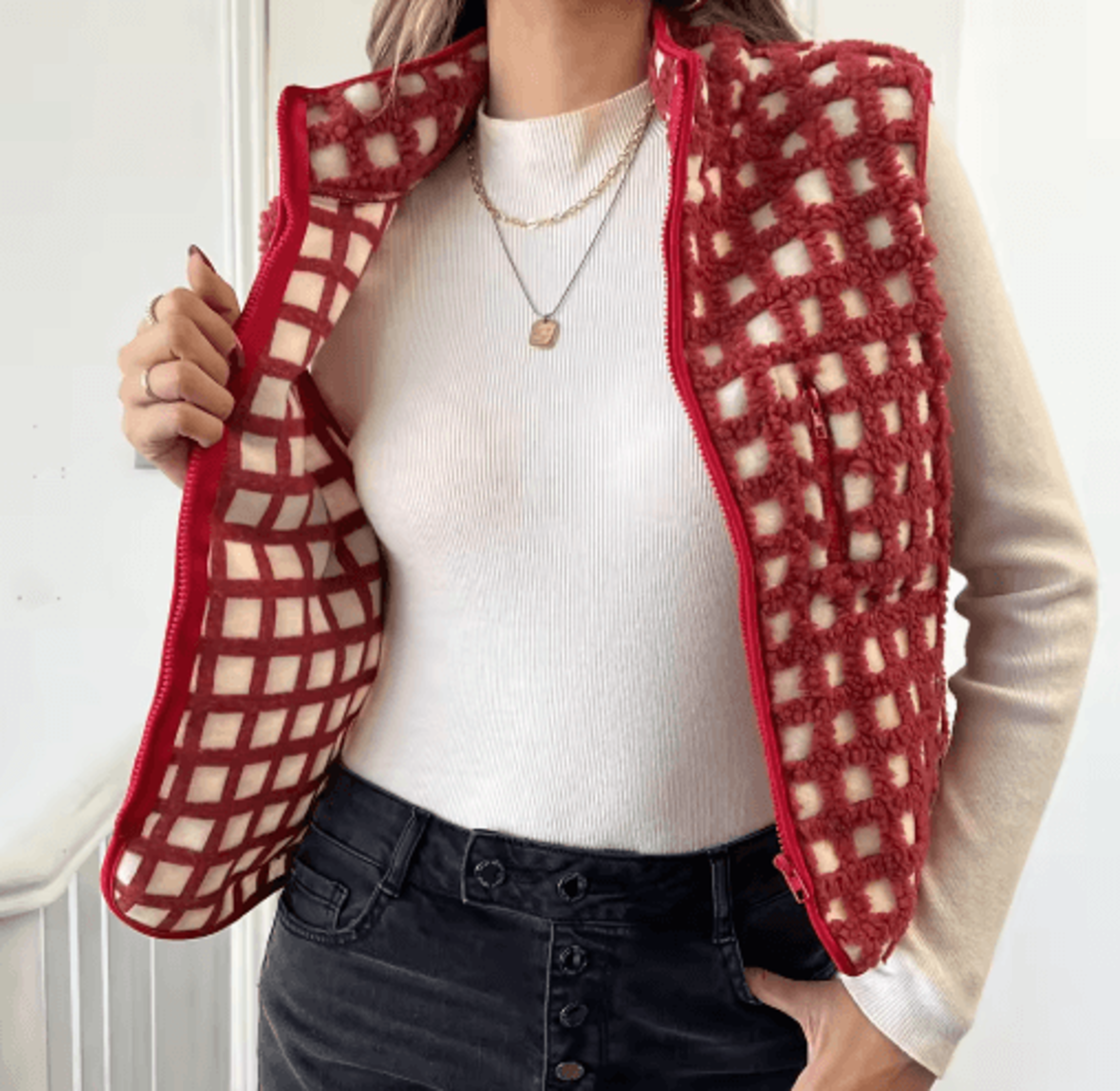 womens fuzzy checkered vest – warm zip-up sleeveless jacket