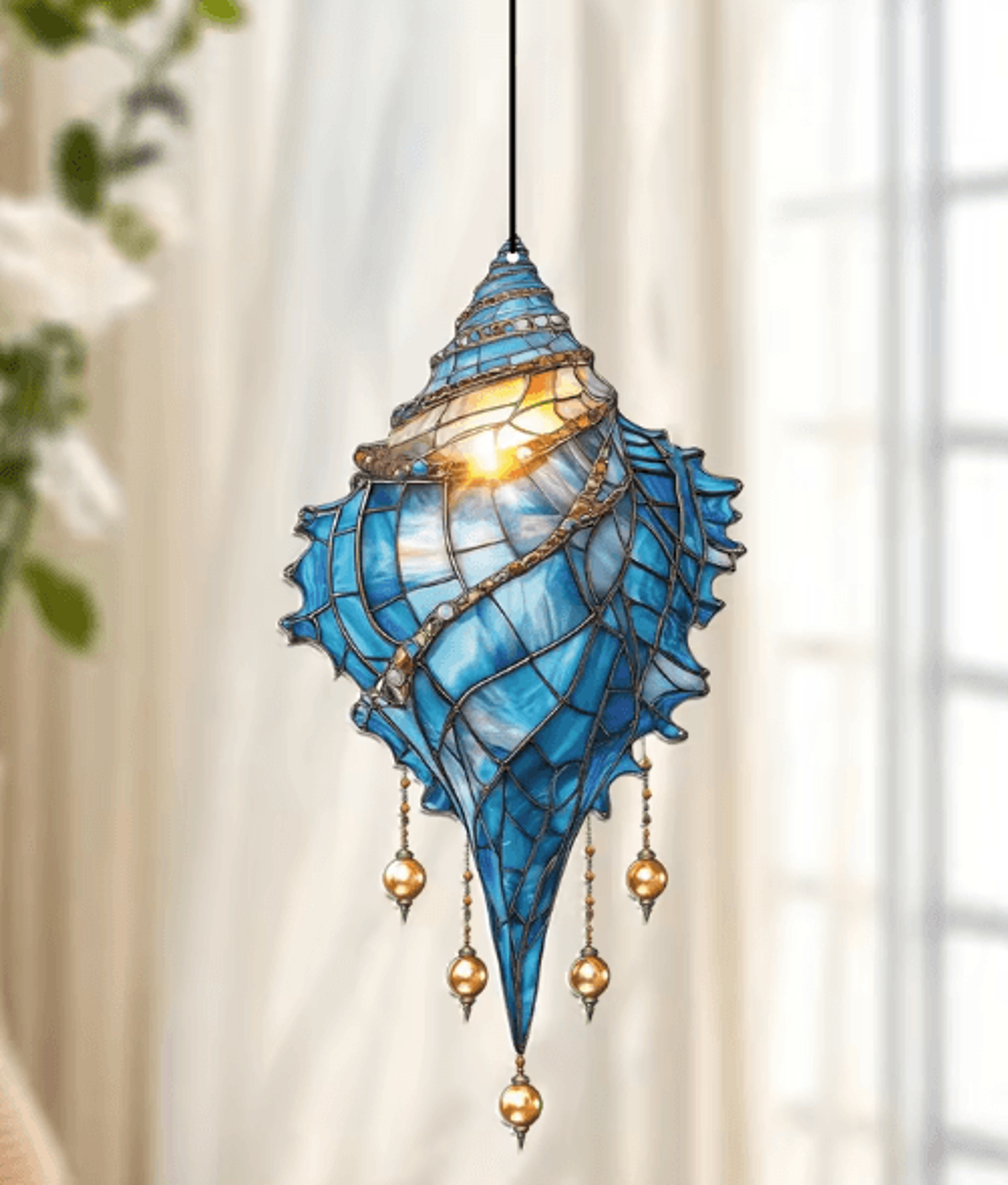 blue acrylic conch shell suncatcher – coastal hanging window ornament