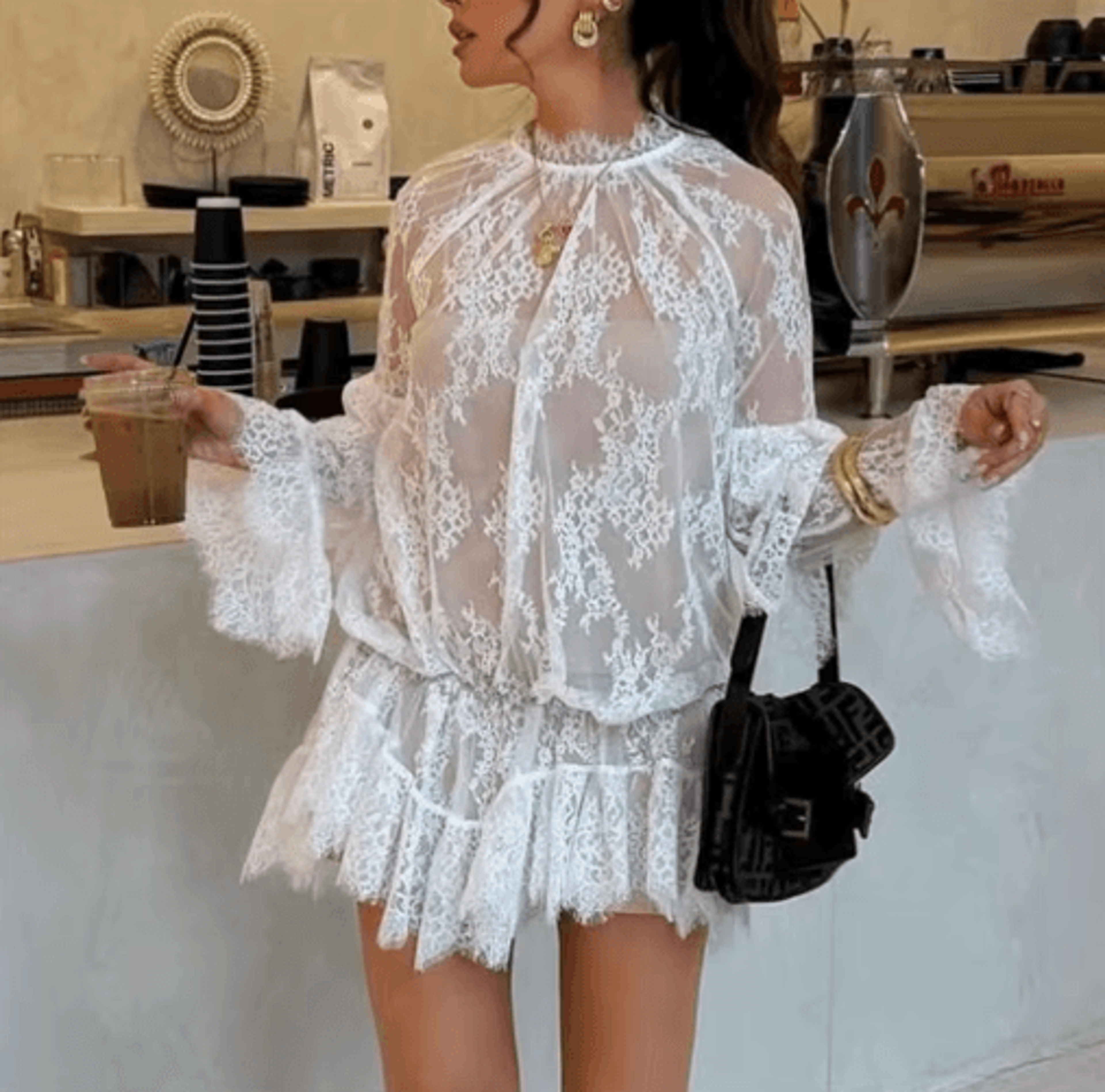 women's sheer floral lace mini dress – high neck long sleeve party outfit