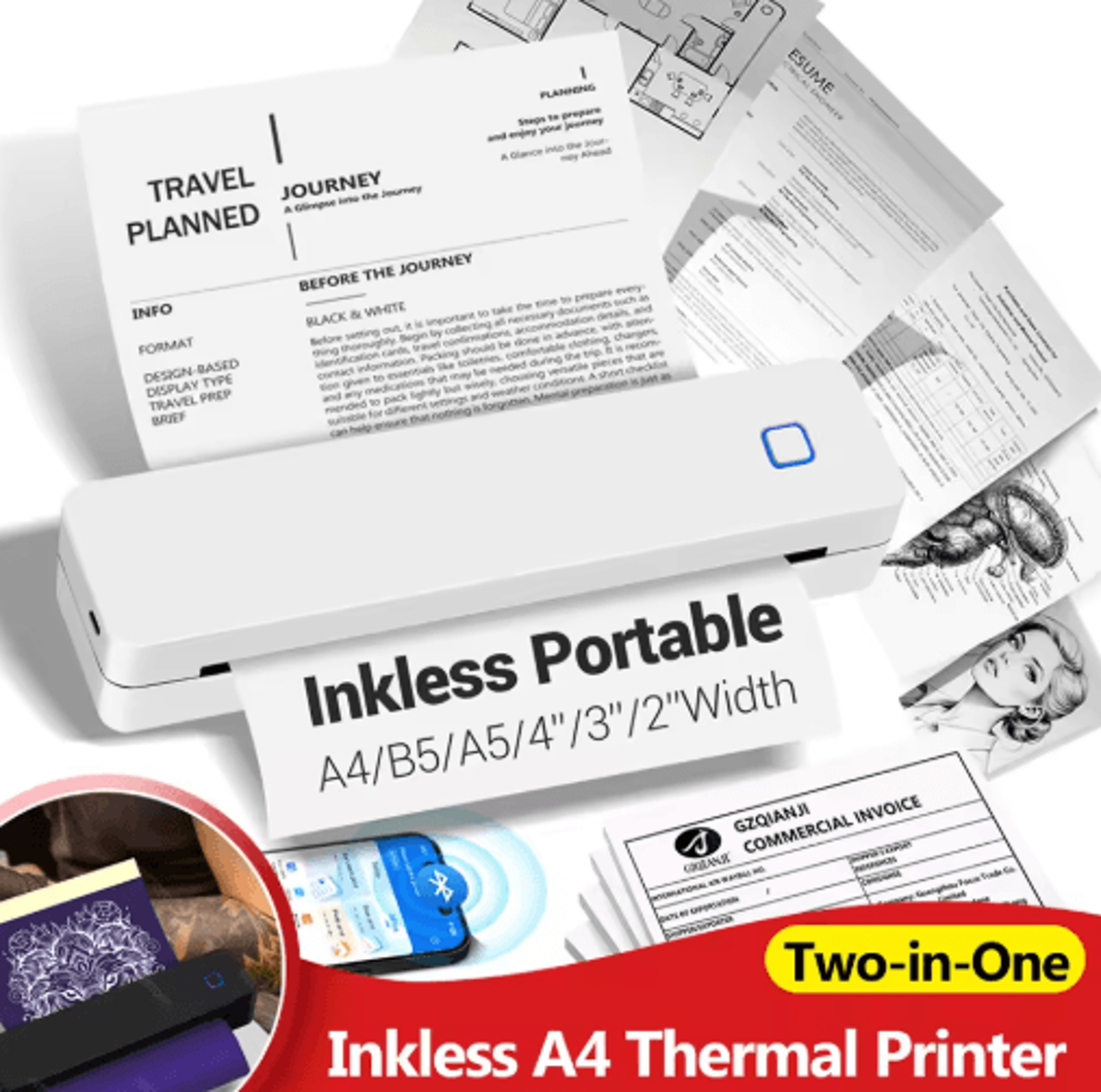 portable bluetooth a4 thermal printer – rechargeable inkless travel printer