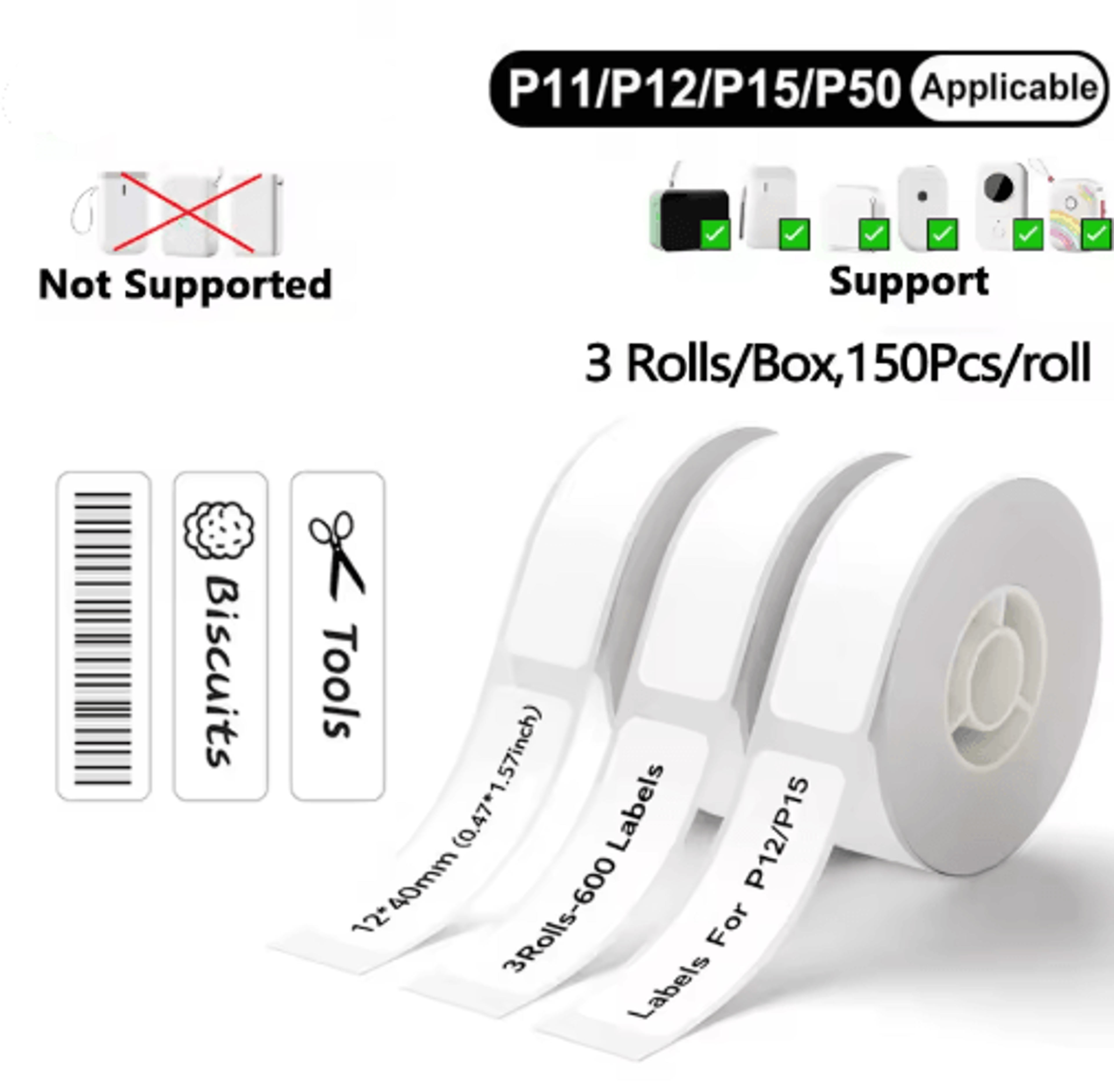 3-roll thermal label stickers – self-adhesive printer tape for p15, p12, d30, m110, m220 & m1