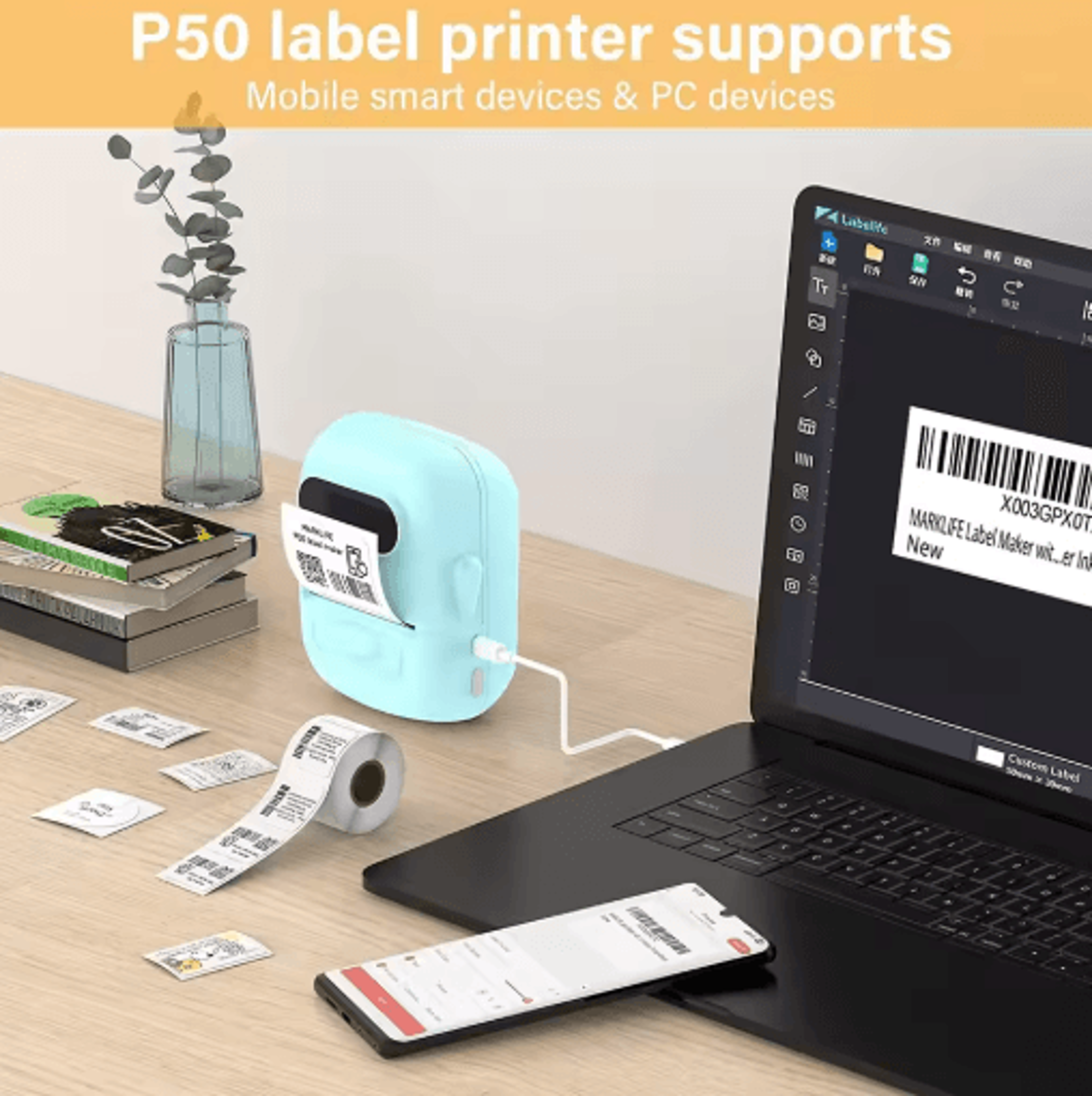p50 bluetooth thermal label printer – portable inkless sticker maker