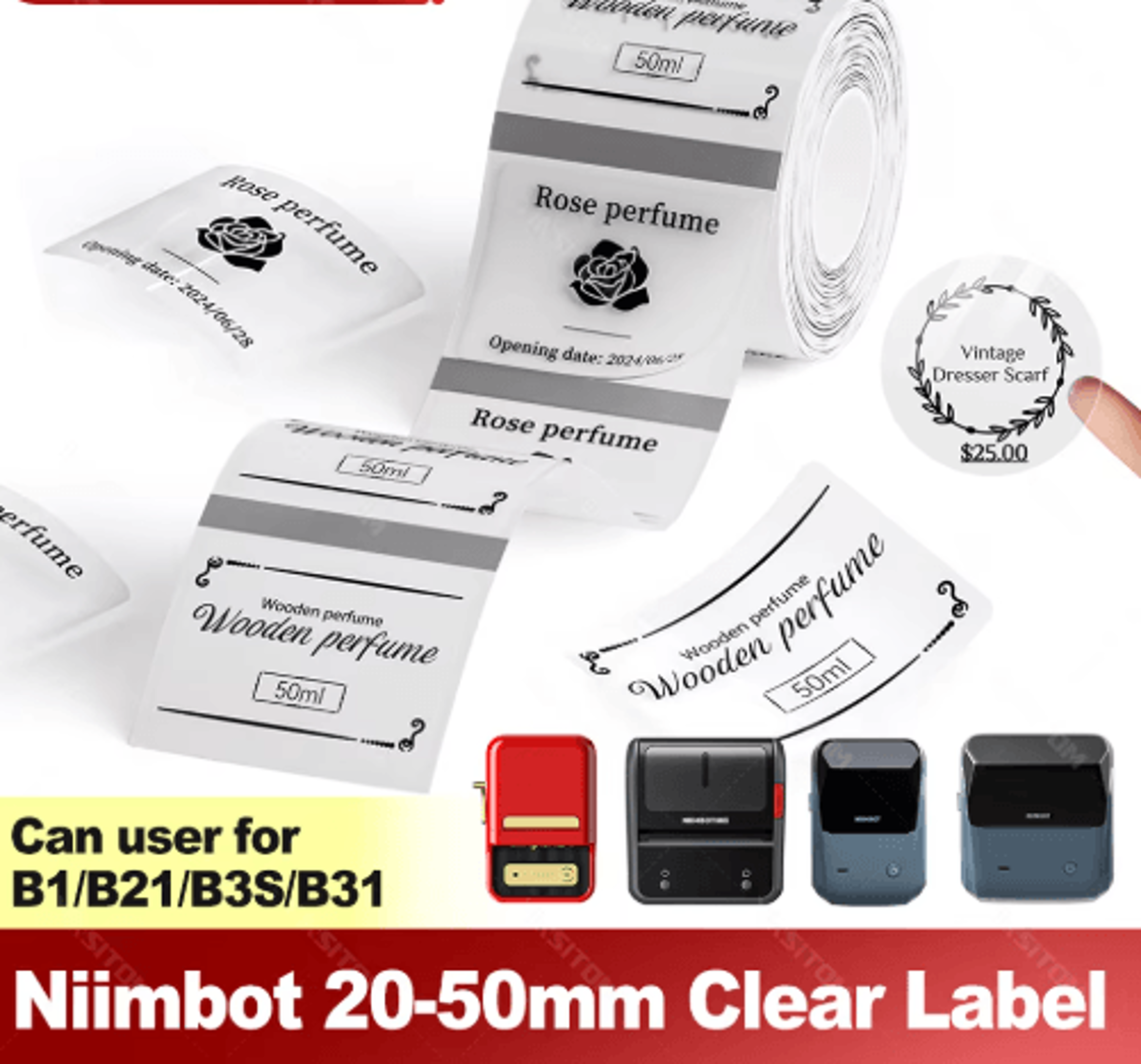 transparent thermal label stickers – 30–50mm adhesive labels for niimbot printers