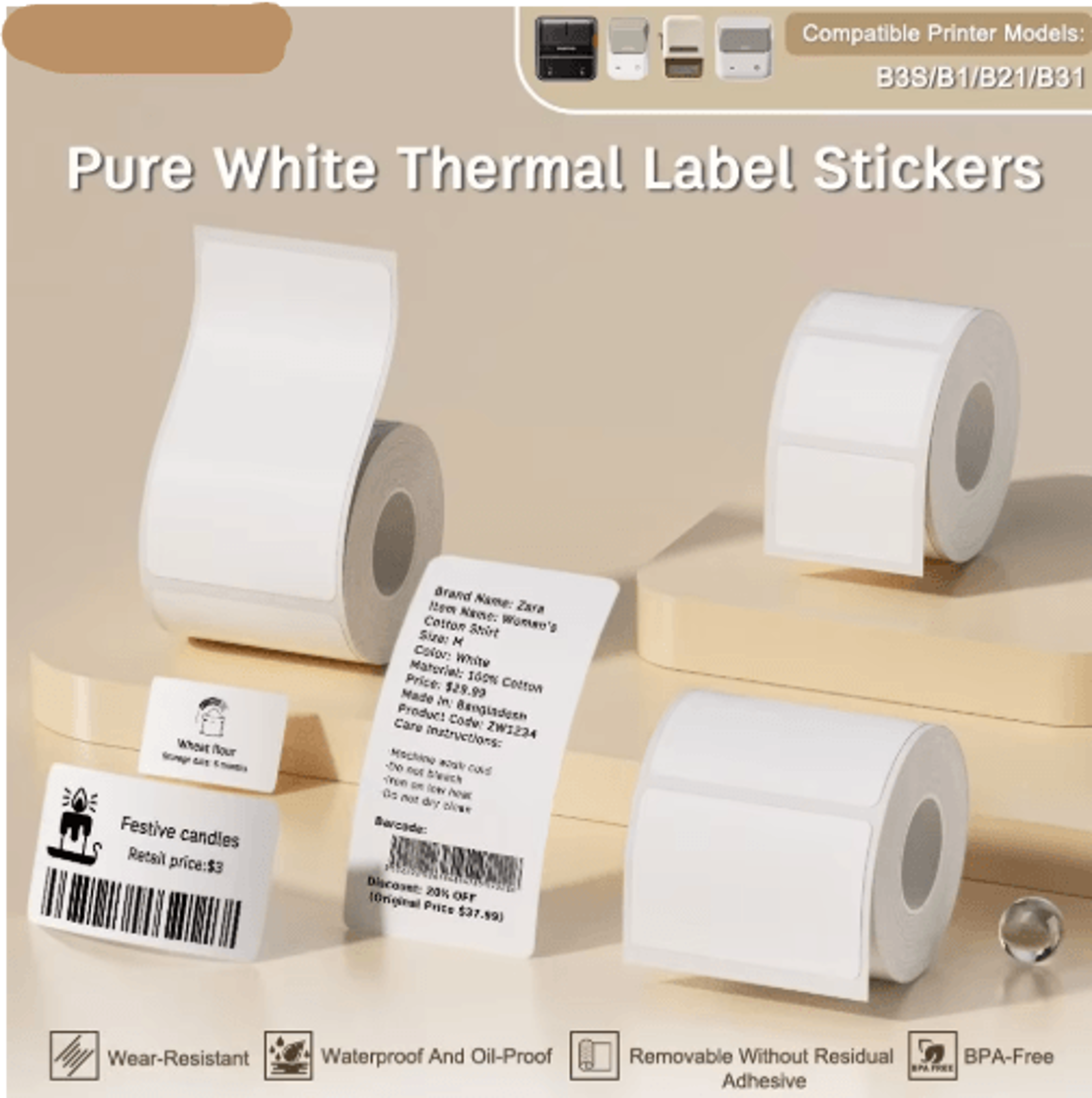 white thermal label stickers – 20–50mm printable paper for b21, b1 & b3s