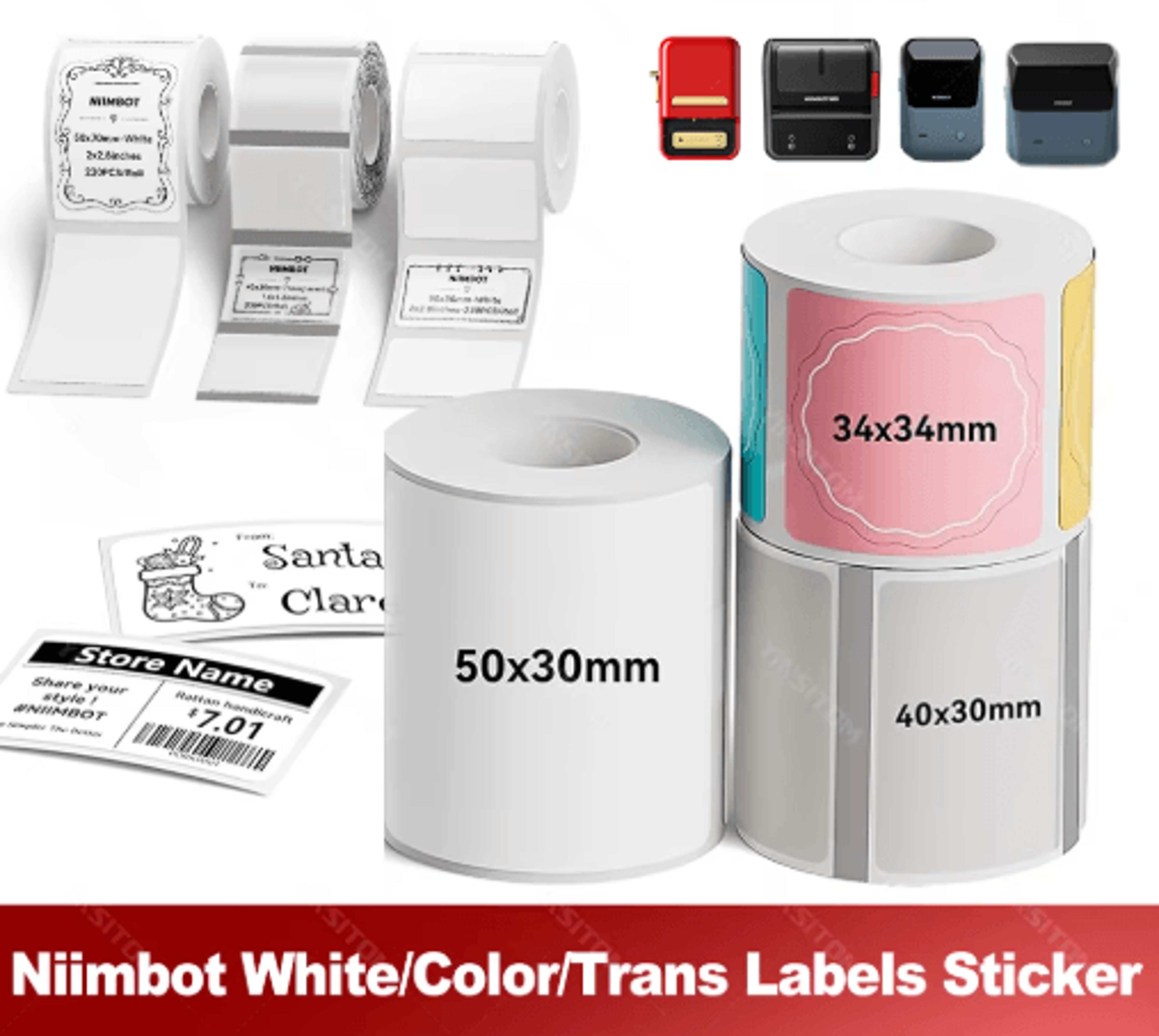 b1/b21s/b21pro thermal label sticker rolls – white, color & transparent adhesive paper