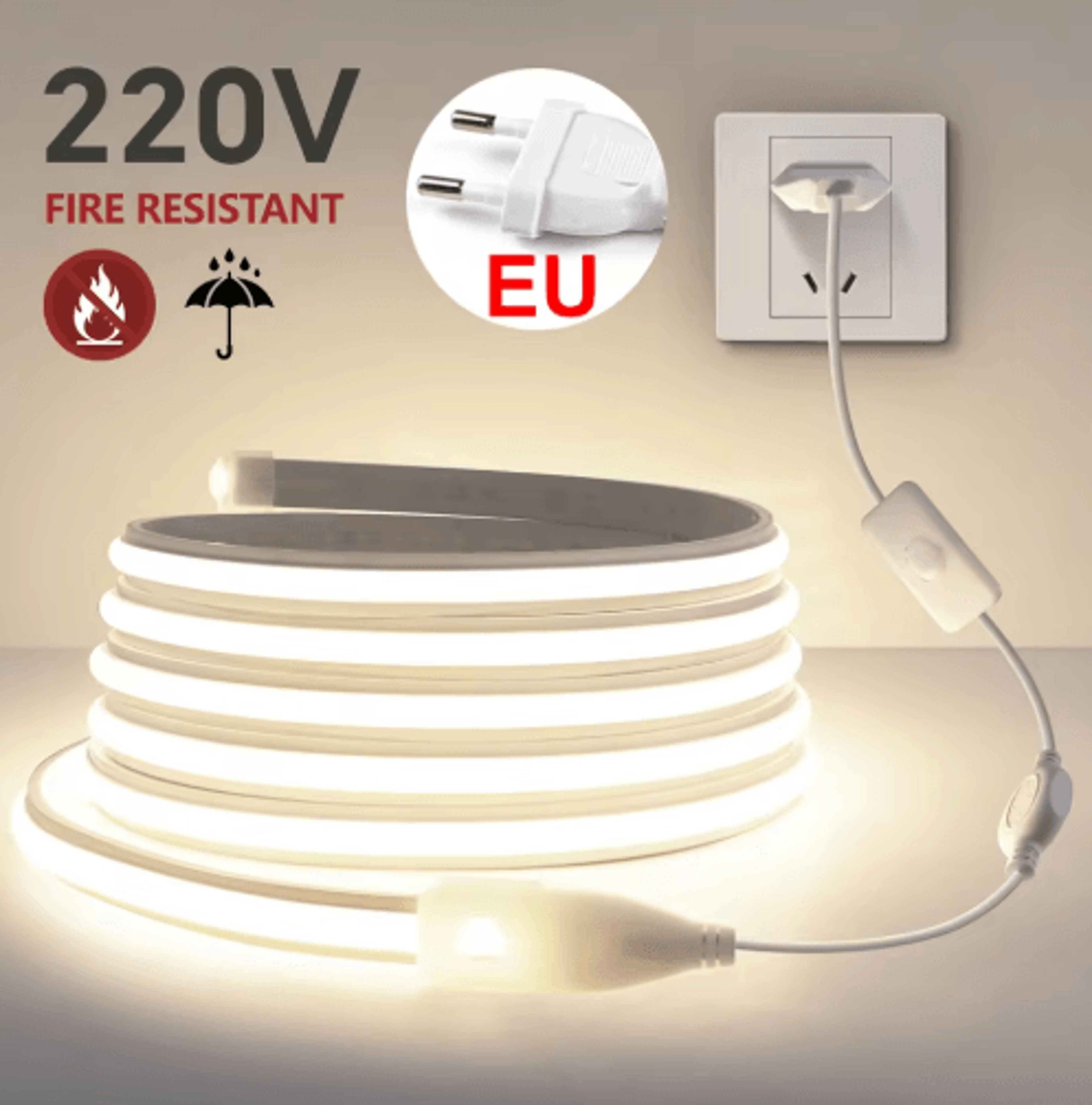 220v waterproof cob led neon strip light – cuttable silicone flex light with eu switch