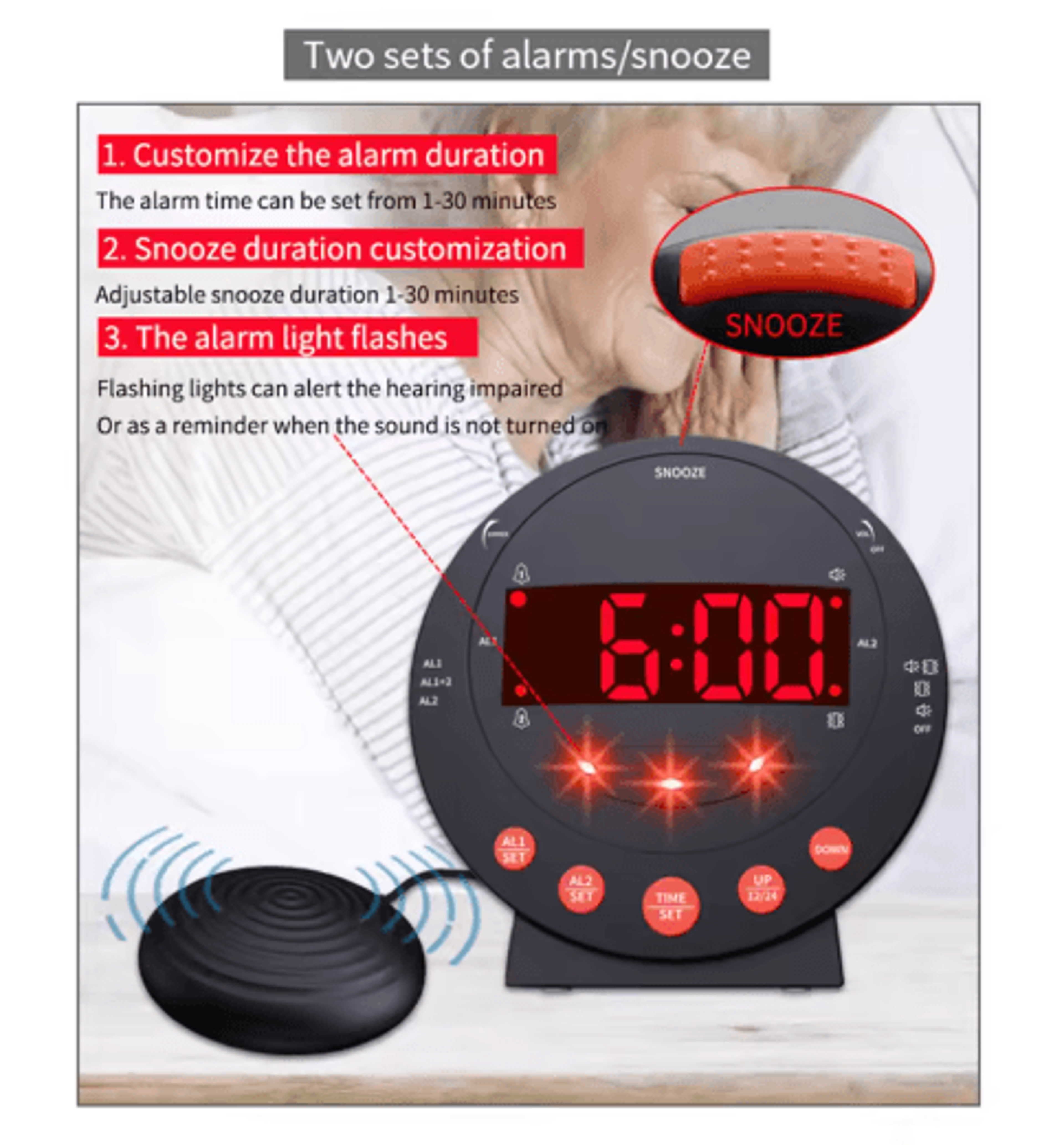 loud vibrating alarm clock with bed shaker – dual alarm, flashing light & usb power