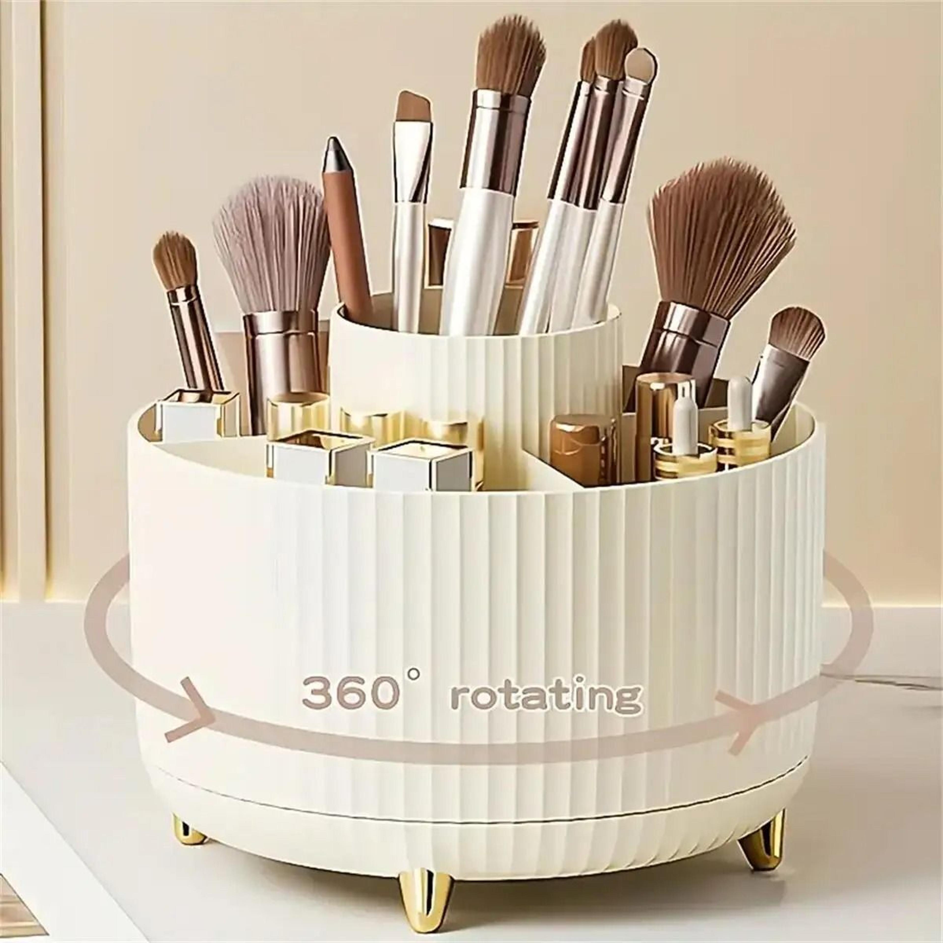 rotating makeup organizer with brush holder and storage compartments