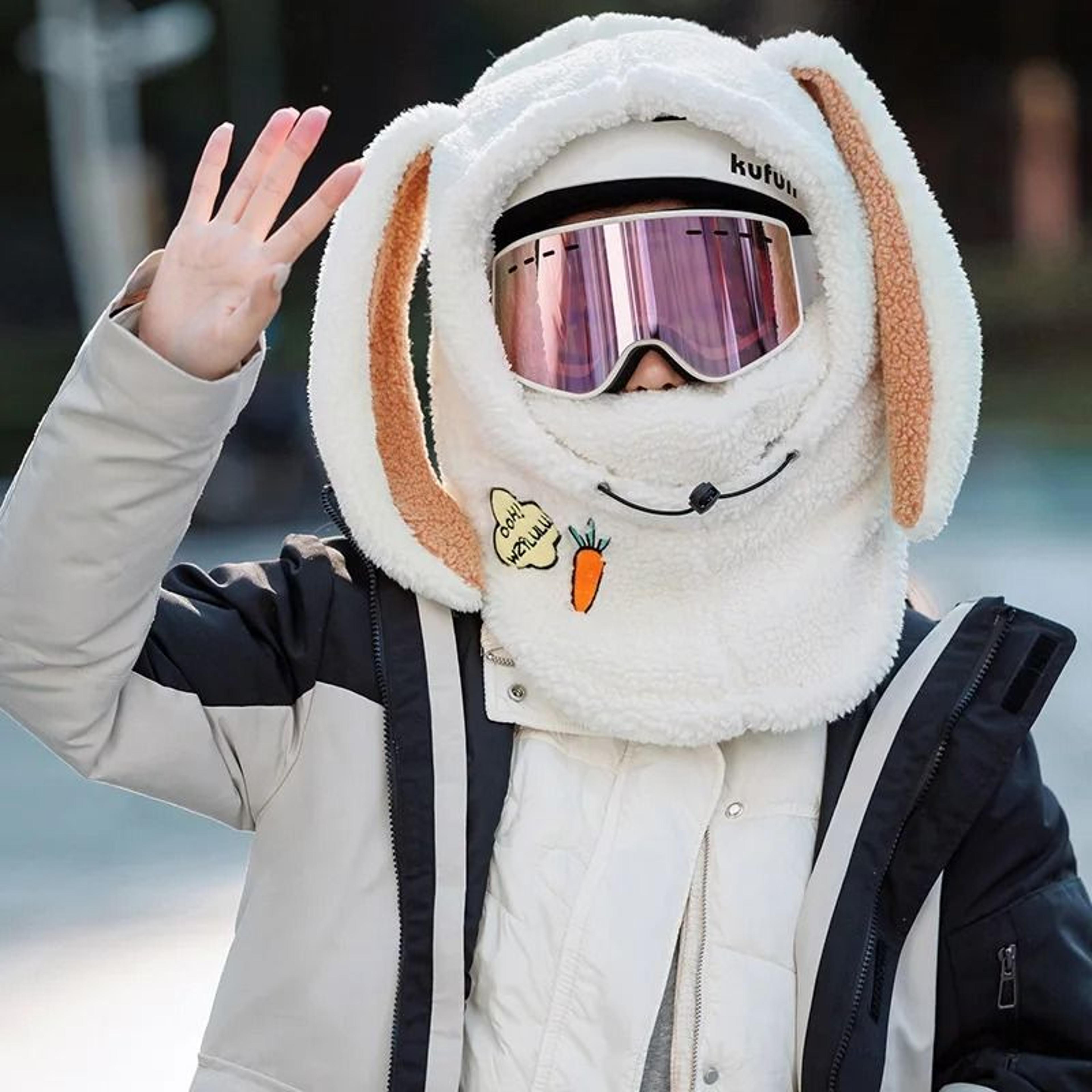 winter bunny ear ski helmet cover warm wool hat scarf