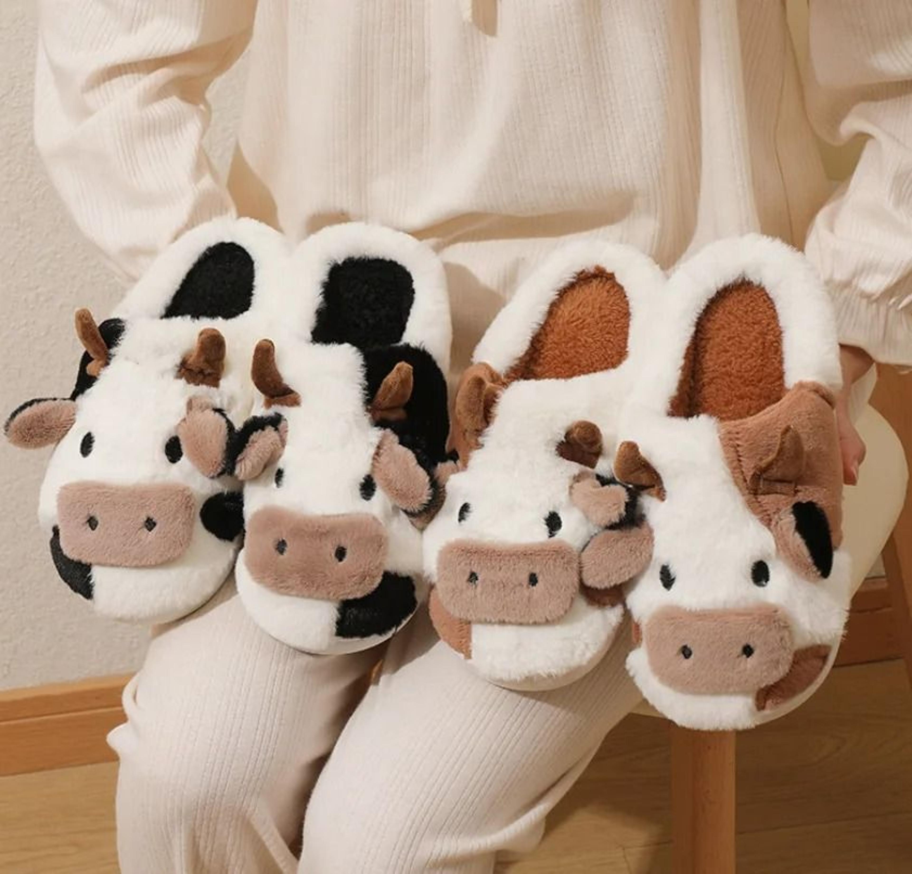 winter plush cow slippers for couples warm non slip indoor slippers for men and women