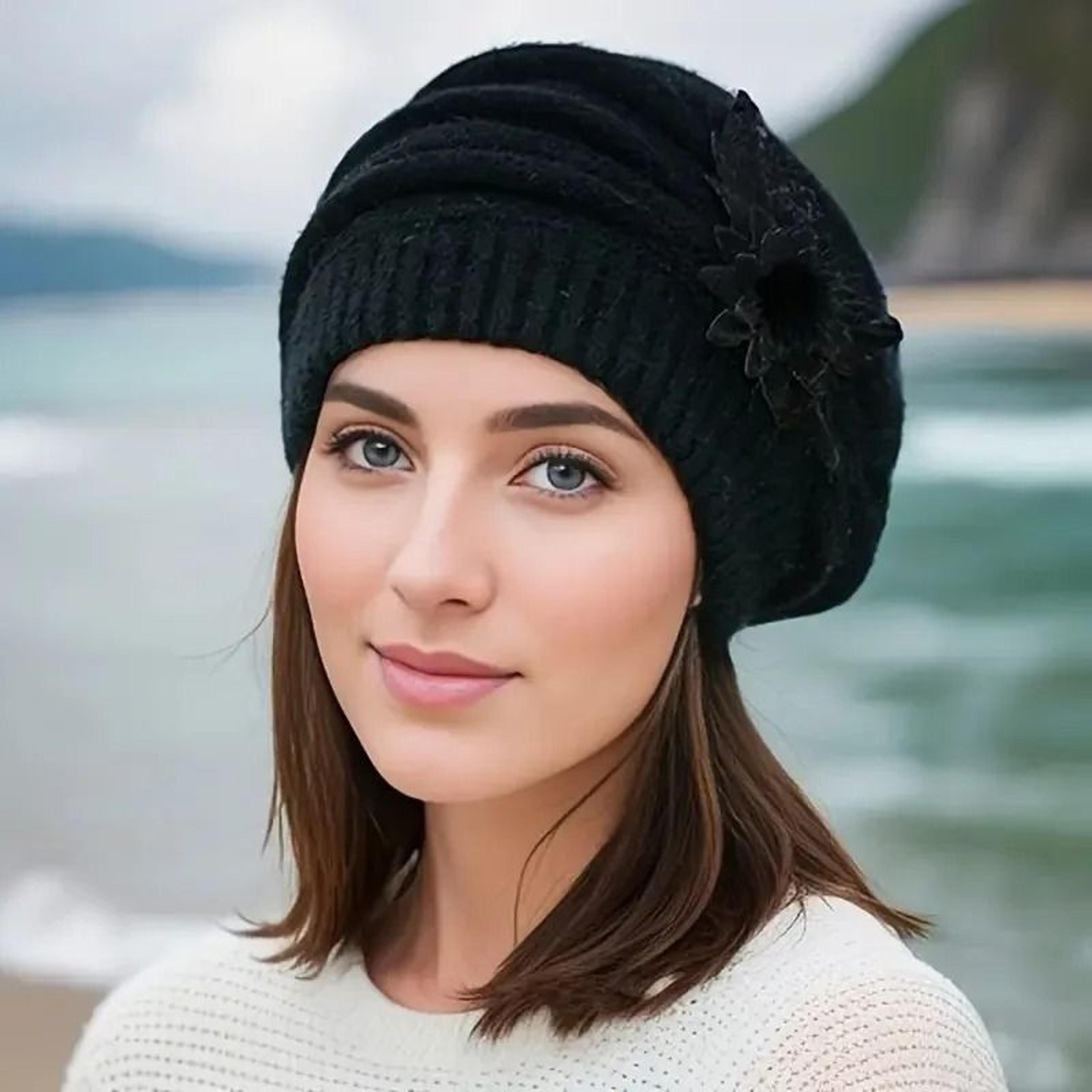 womens knitted flower beret warm winter wool hat