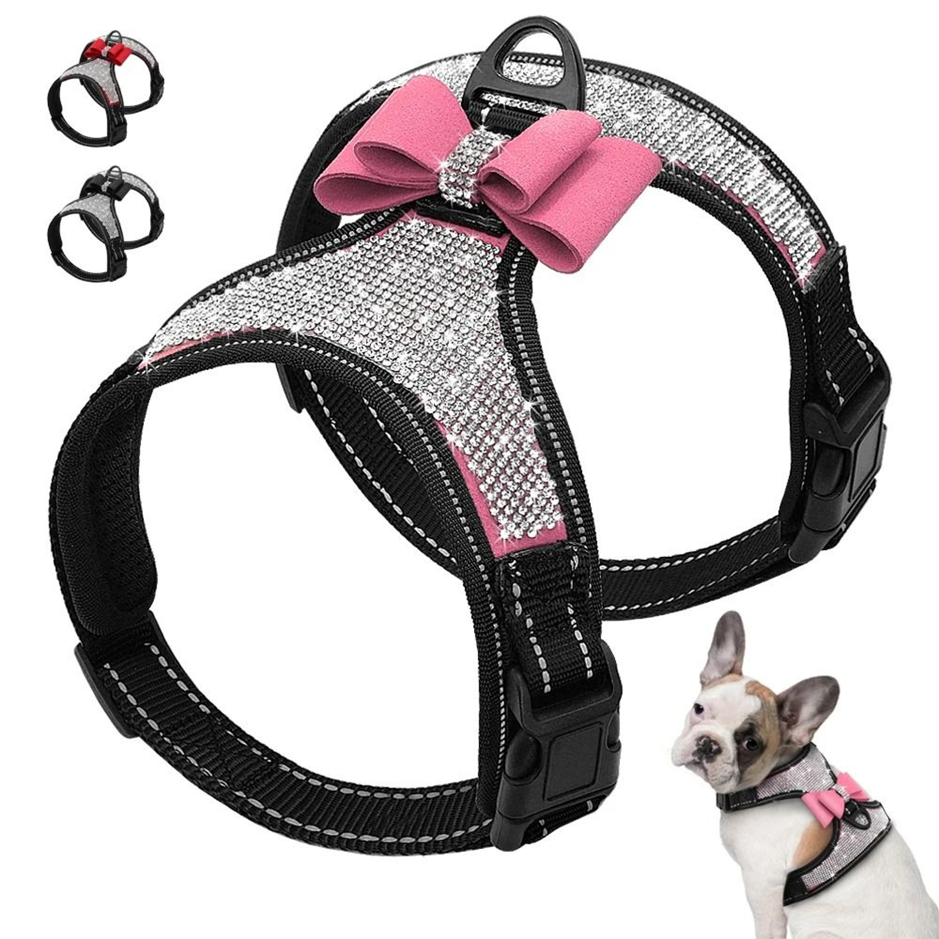 reflective rhinestone dog harness vest with bow accent