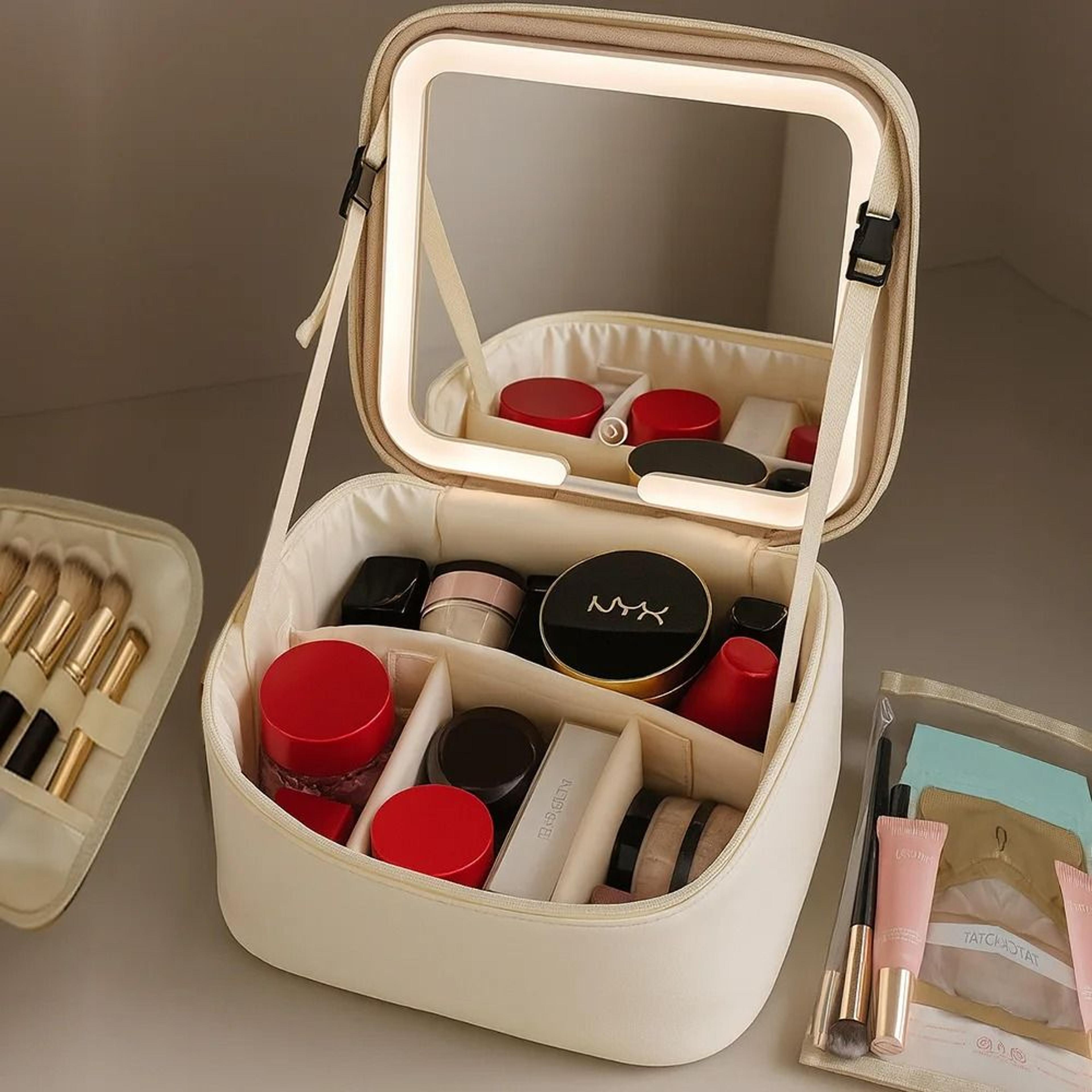 high end makeup bag with led mirror large capacity travel organizer