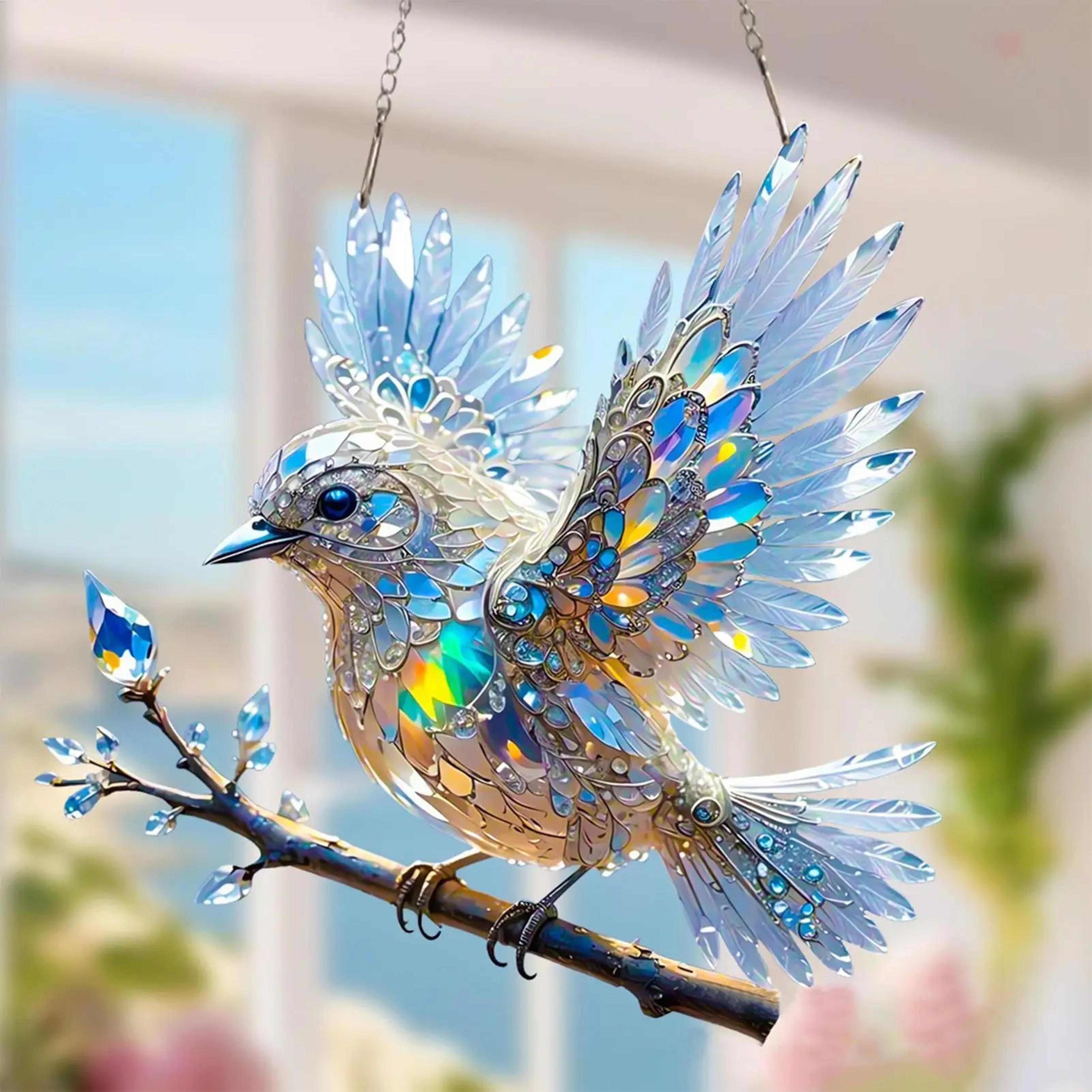 stained glass bird ornament, sunlight reflecting home decor for garden & window spaces