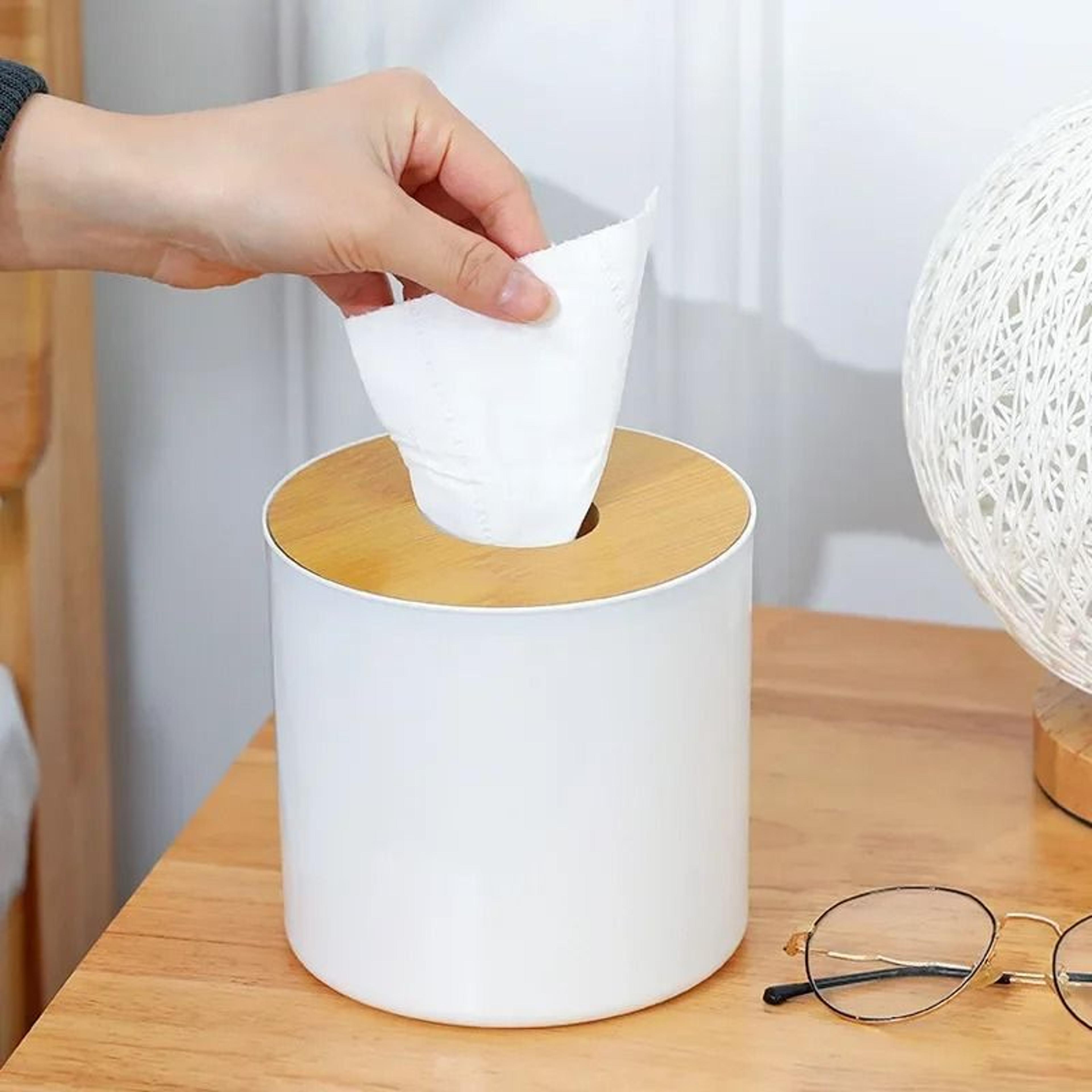 circular bamboo and wood tissue box with remote control storage for living room