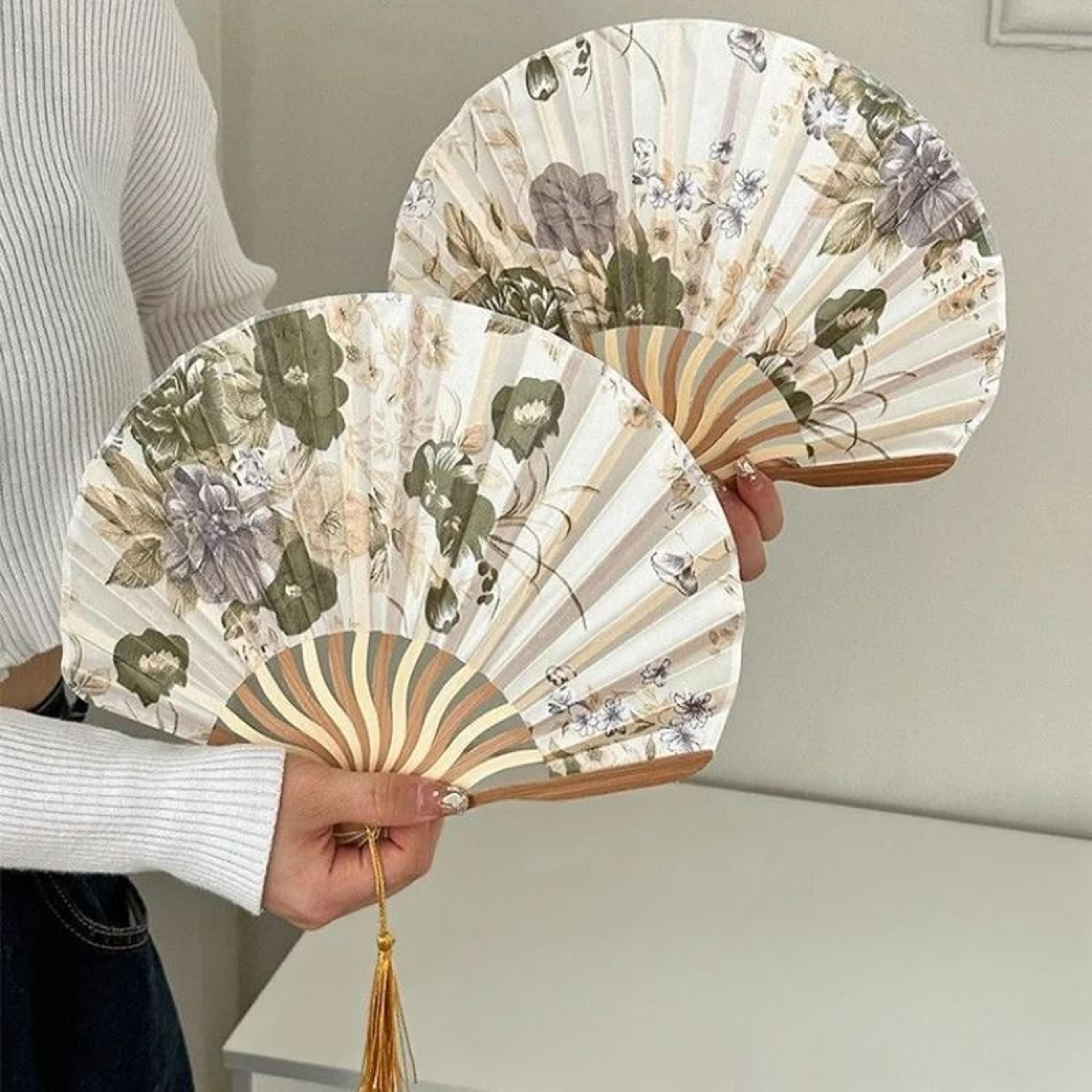 chinese classical ink folding hand fan with tassel traditional decor prop