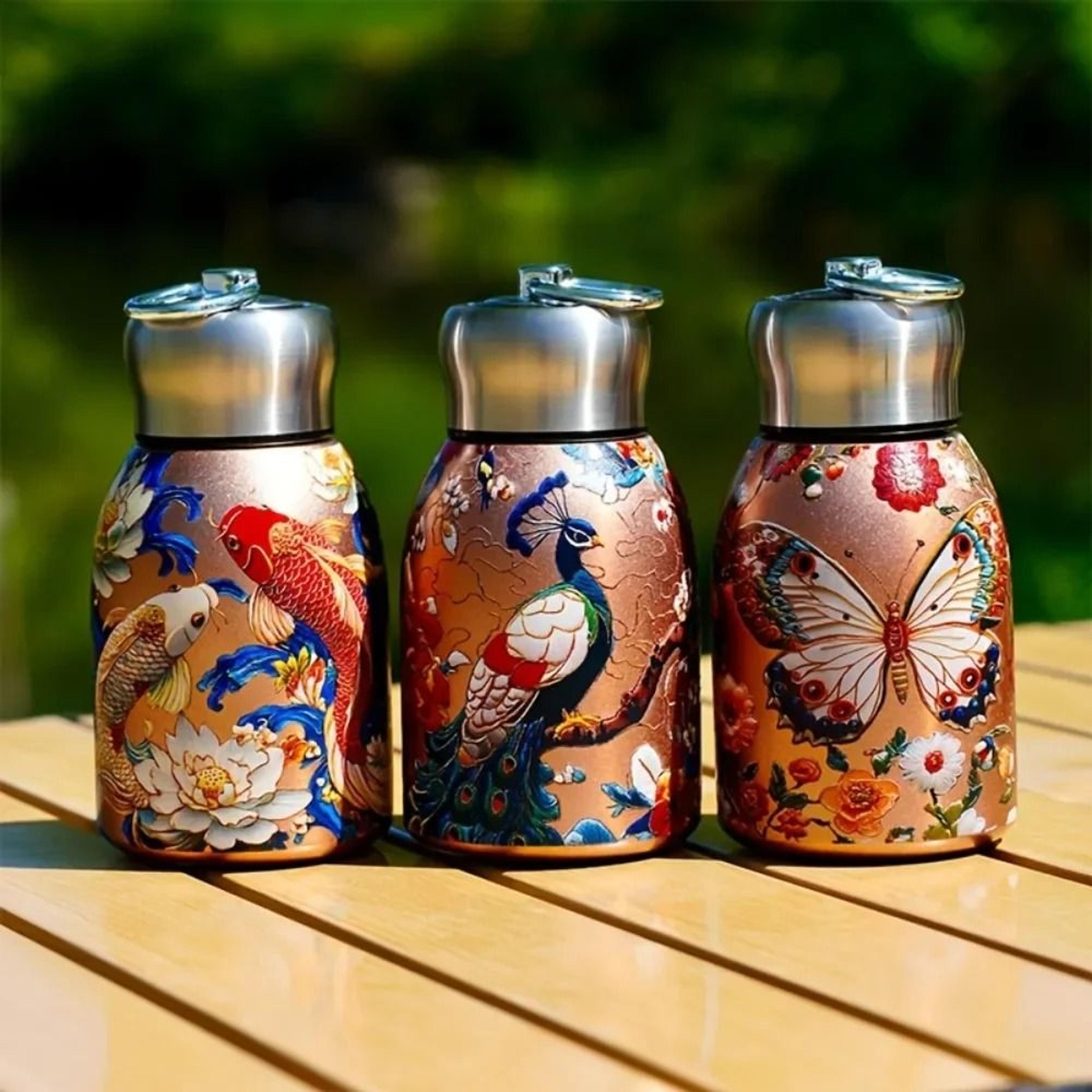 stainless steel insulated water bottle with mini cup floral koi design