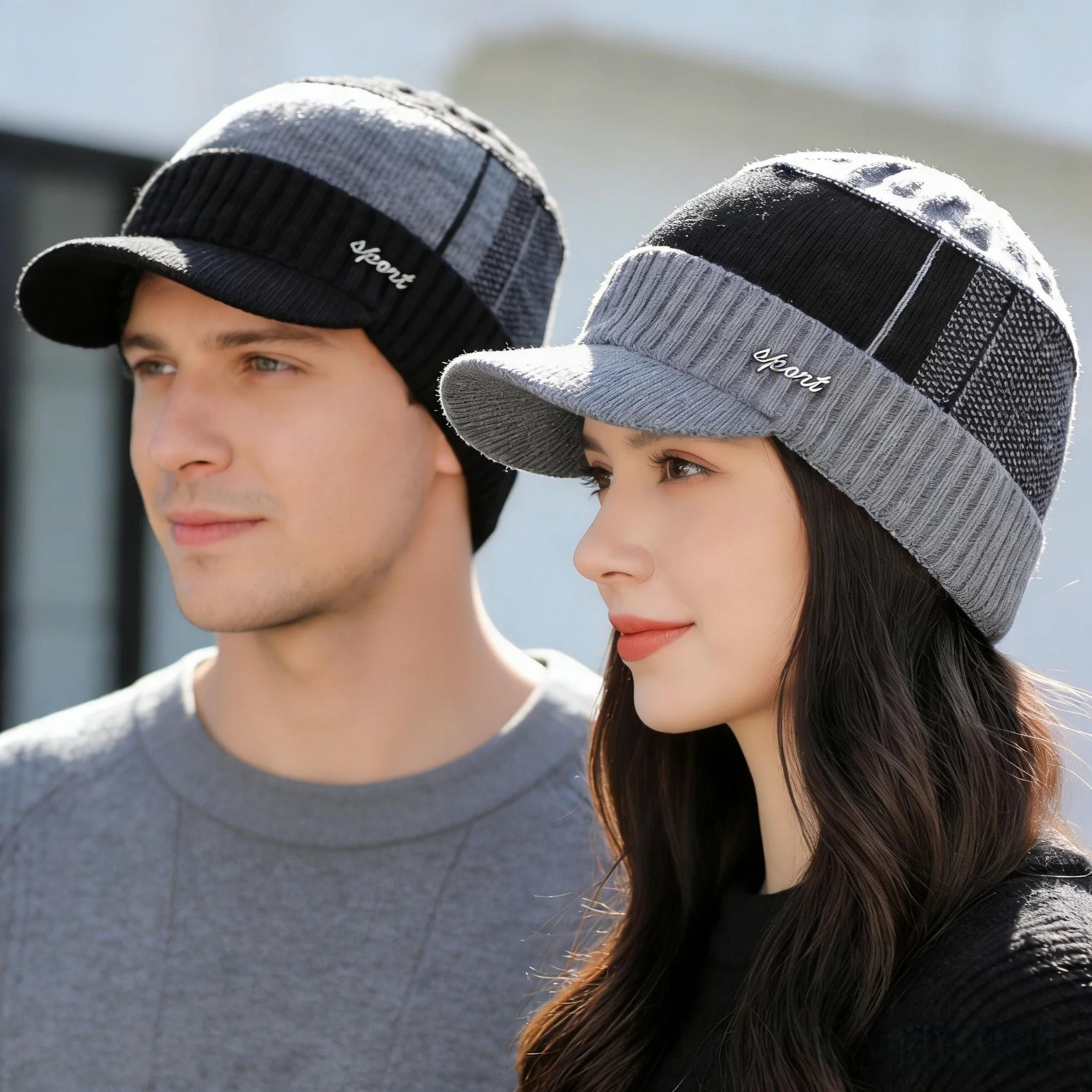unisex fur lined winter beanie hat with brim warm knitted hat for men and women