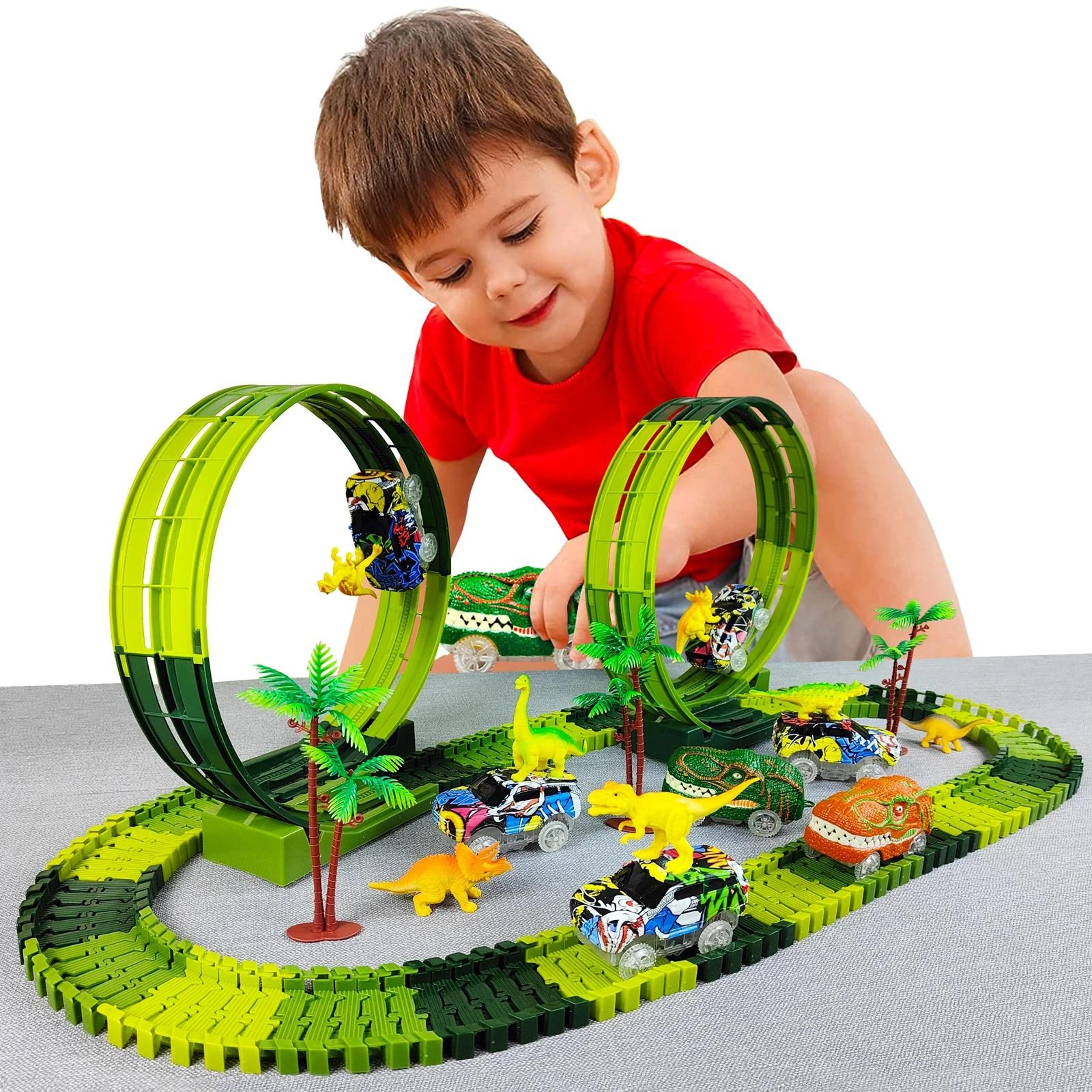 magic track dinosaur car set flexible race track electric toy car with lights