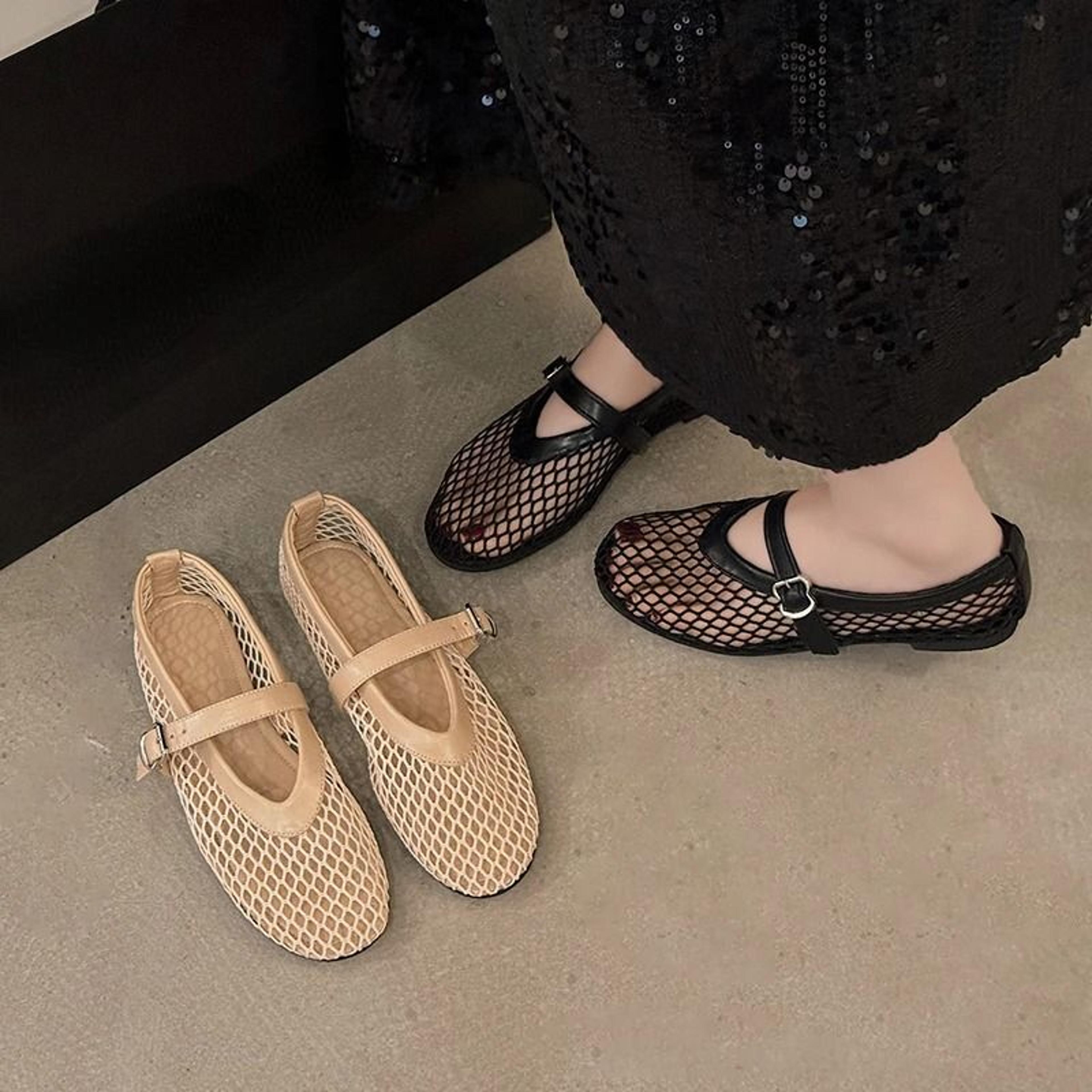 mary jane flats womens cut out fishnet shoes round toe buckle strap flats