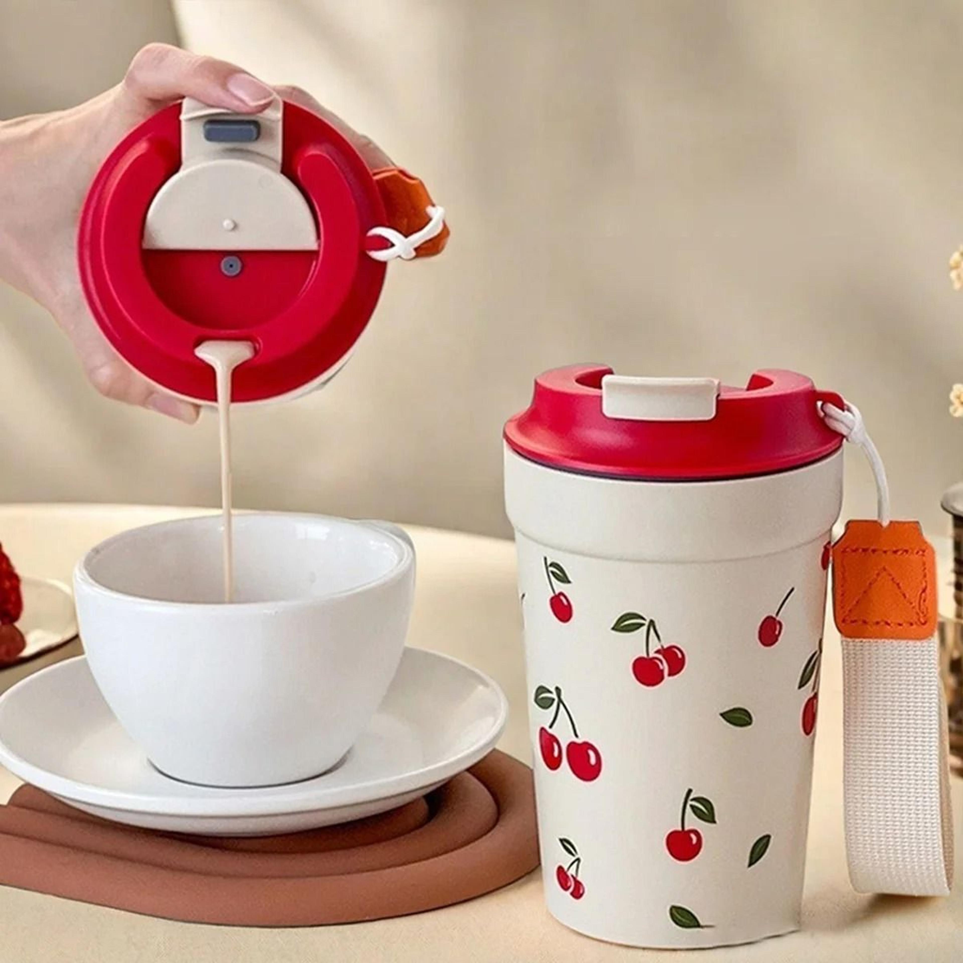 cherry pattern plastic coffee mug leak proof portable travel tumbler