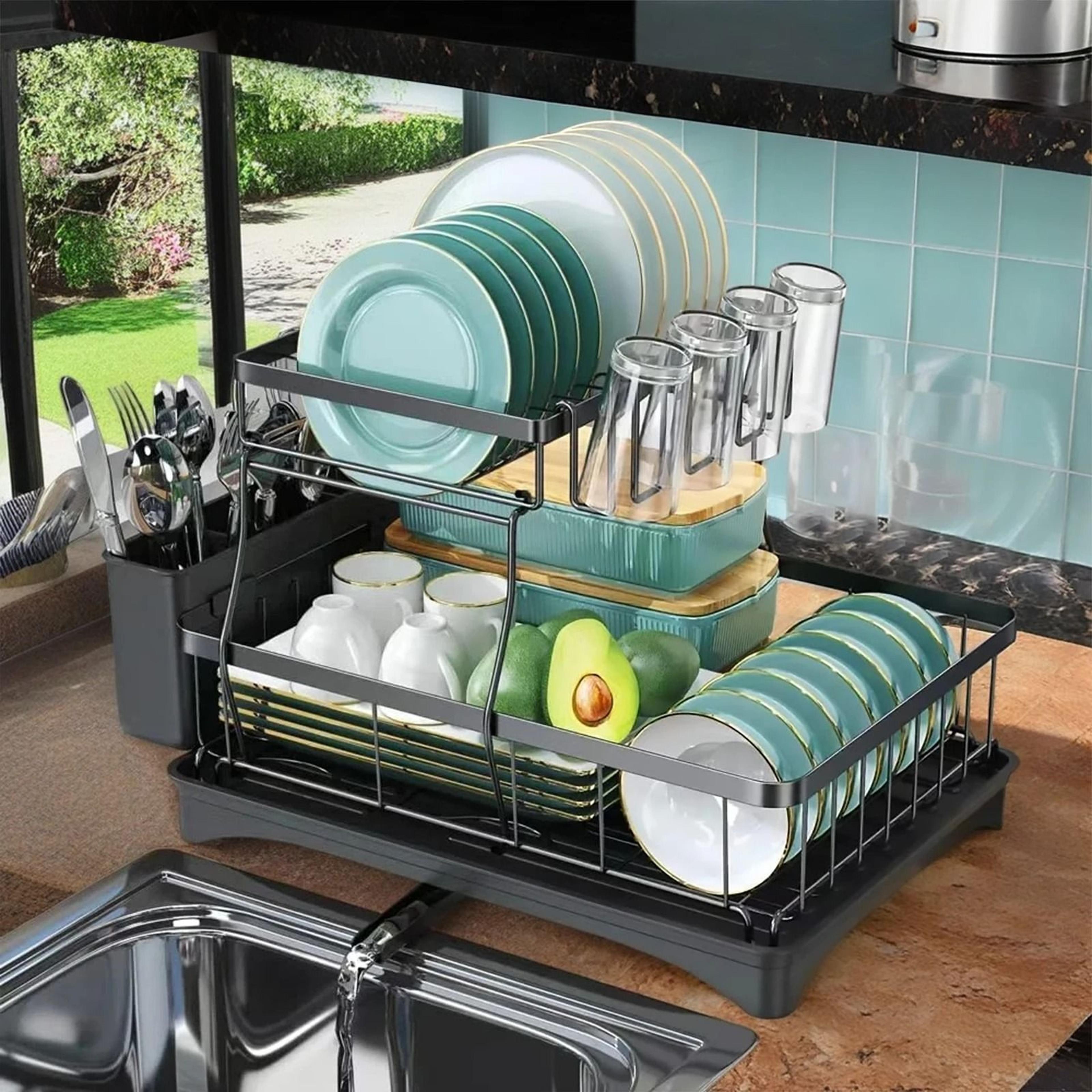 large 2 tier dish drying rack removable countertop dish drainer for kitchen