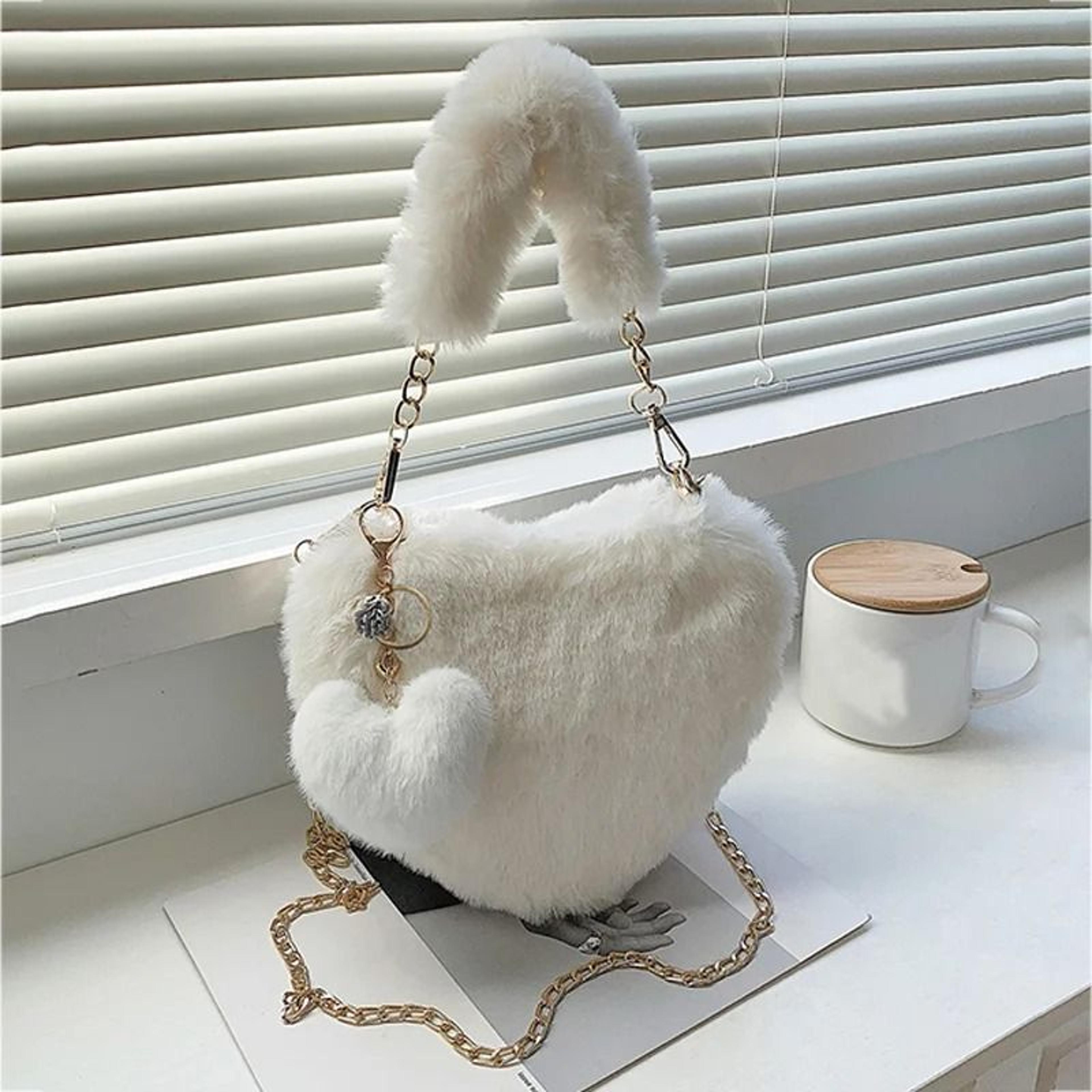 faux fur heart shaped plush shoulder bag womens chain purse